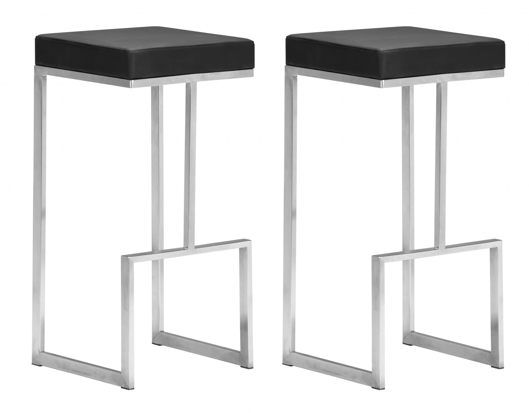 Set of Two Black Faux Leather and Stainless Geometric Backless Barstools