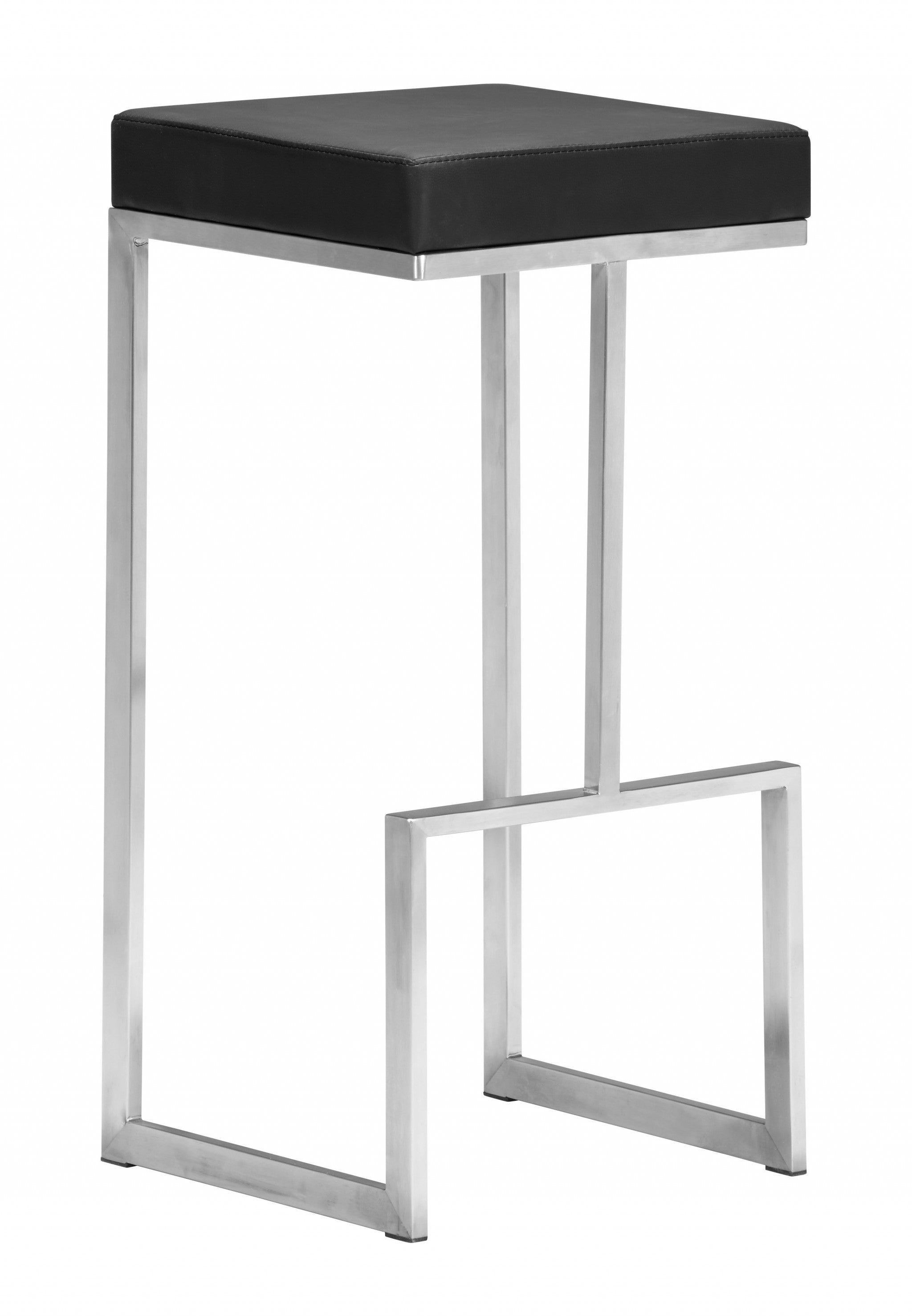 Set of Two Black Faux Leather and Stainless Geometric Backless Barstools