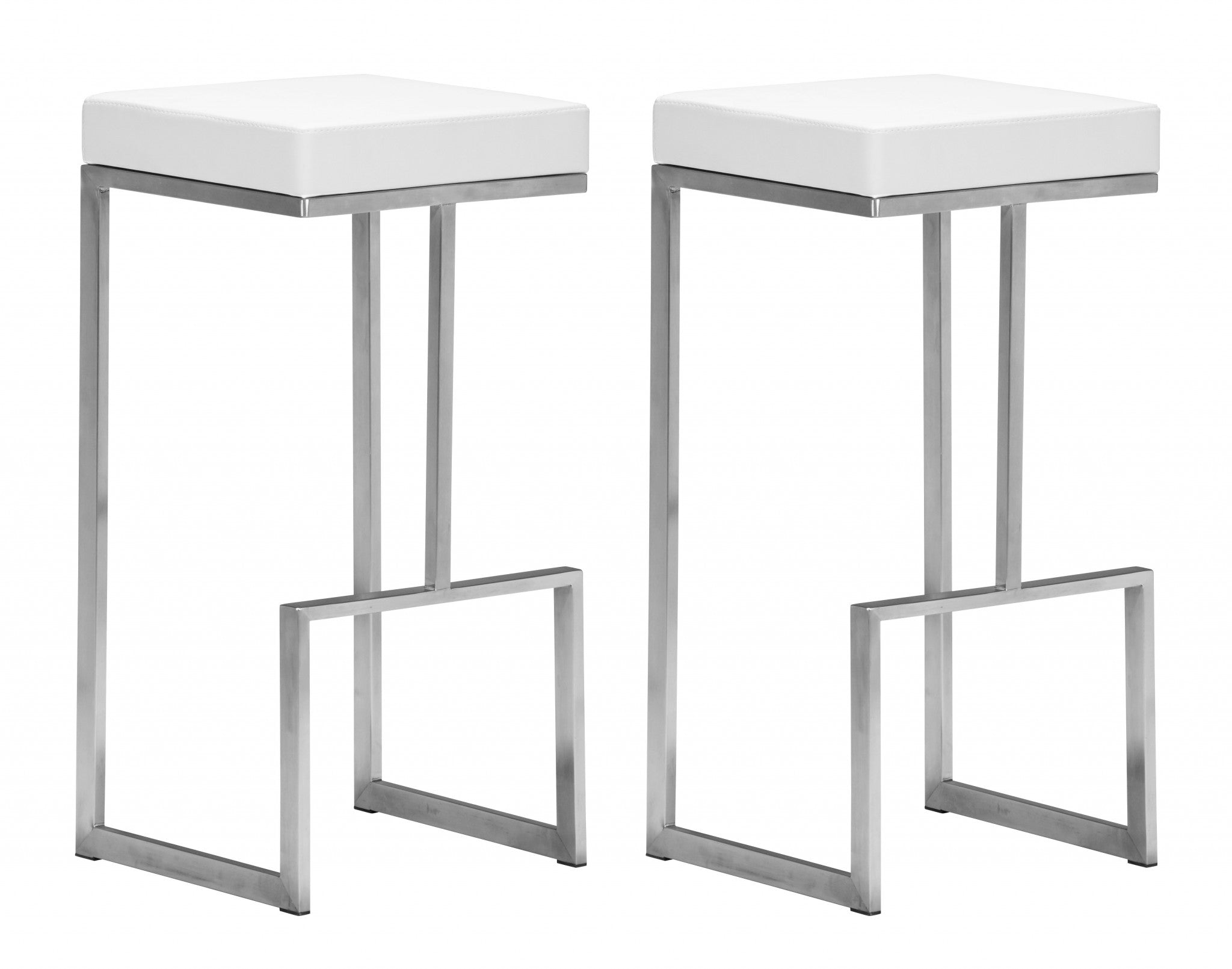 Set of Two White Faux Leather and Stainless Geometric Backless Barstools