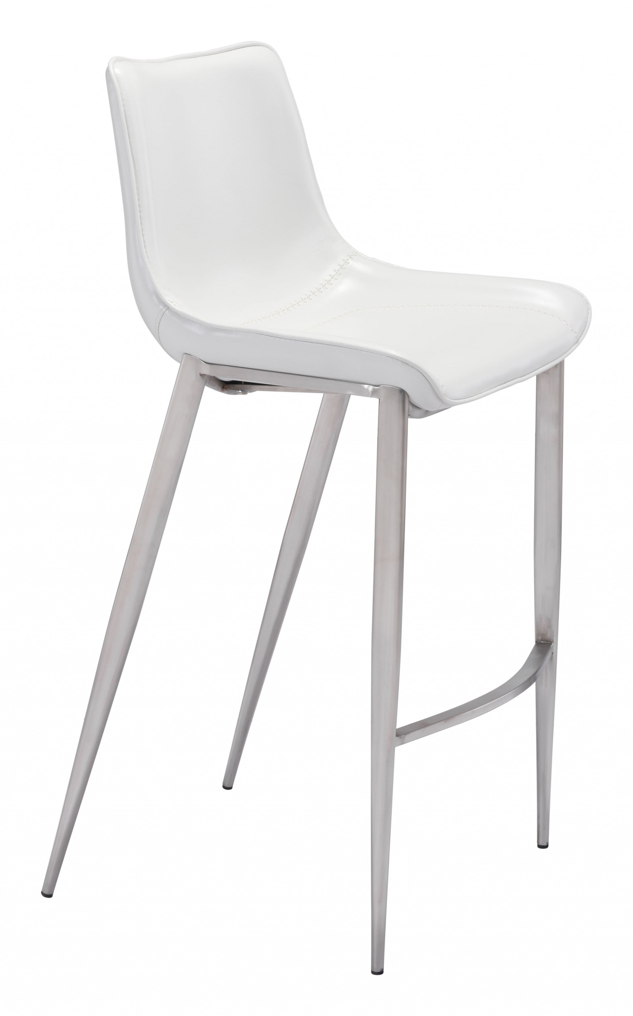 Set of Two White Faux Leather and Steel Modern Stitch Bucket Bar Chairs