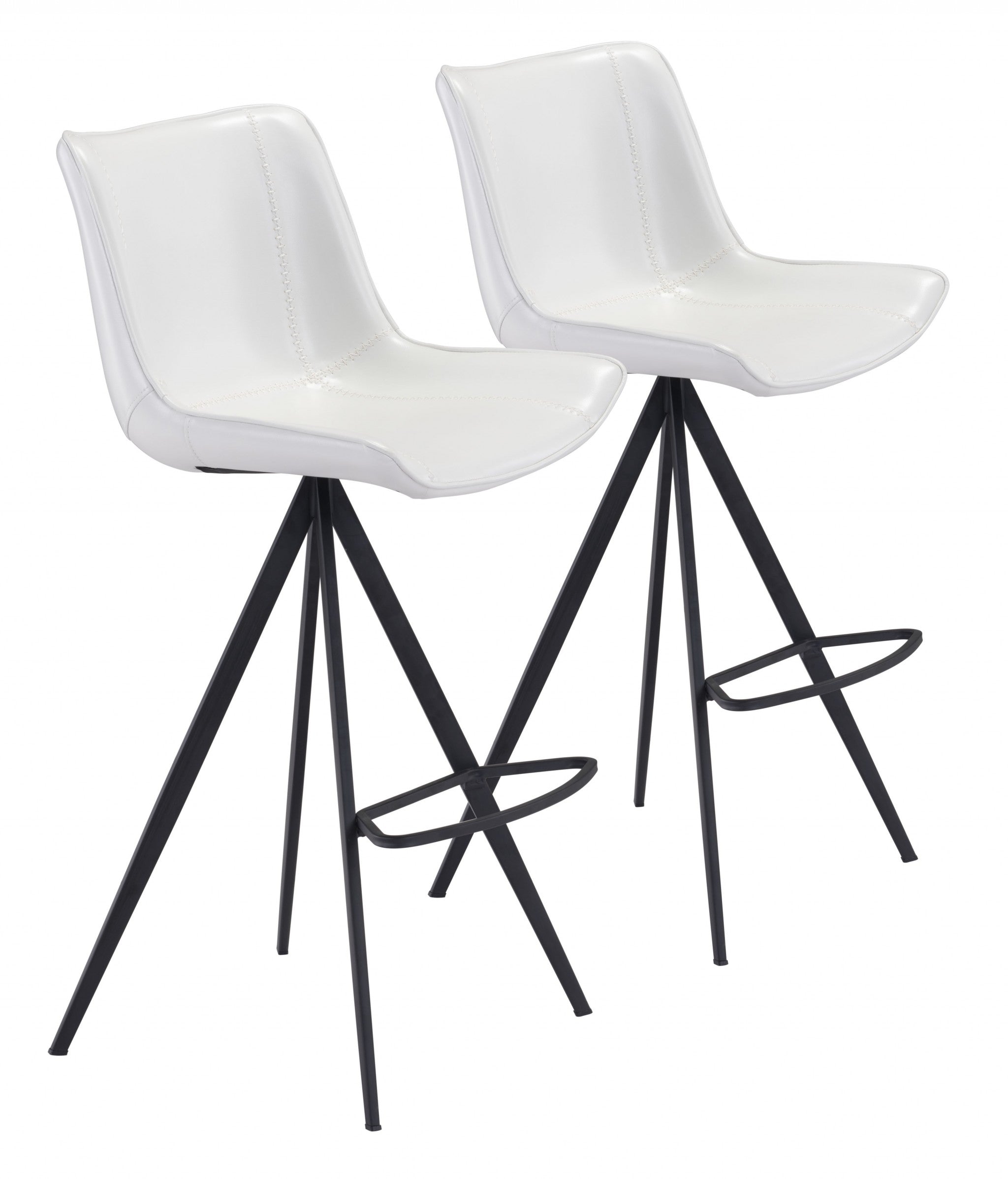 Set of Two White and Black Faux Leather Triangle Base Bar Chairs