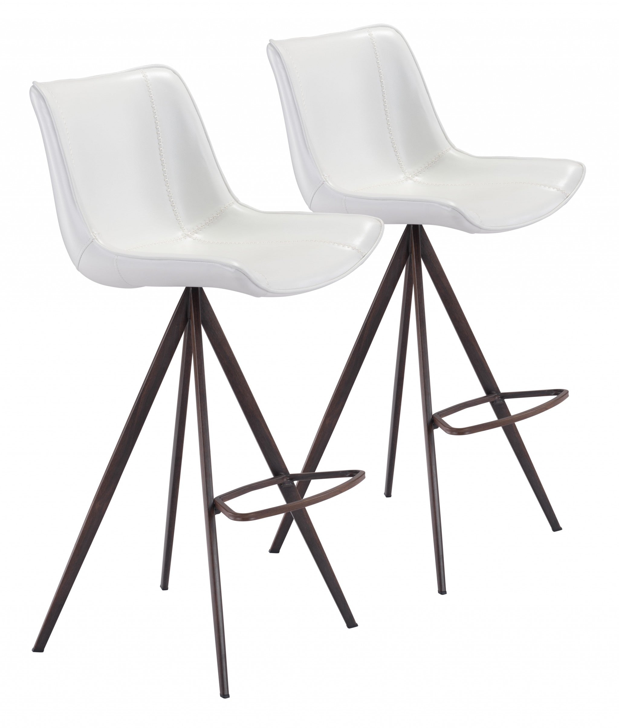 Set of Two White and Espresso Faux Leather Triangle Base Bar Chairs