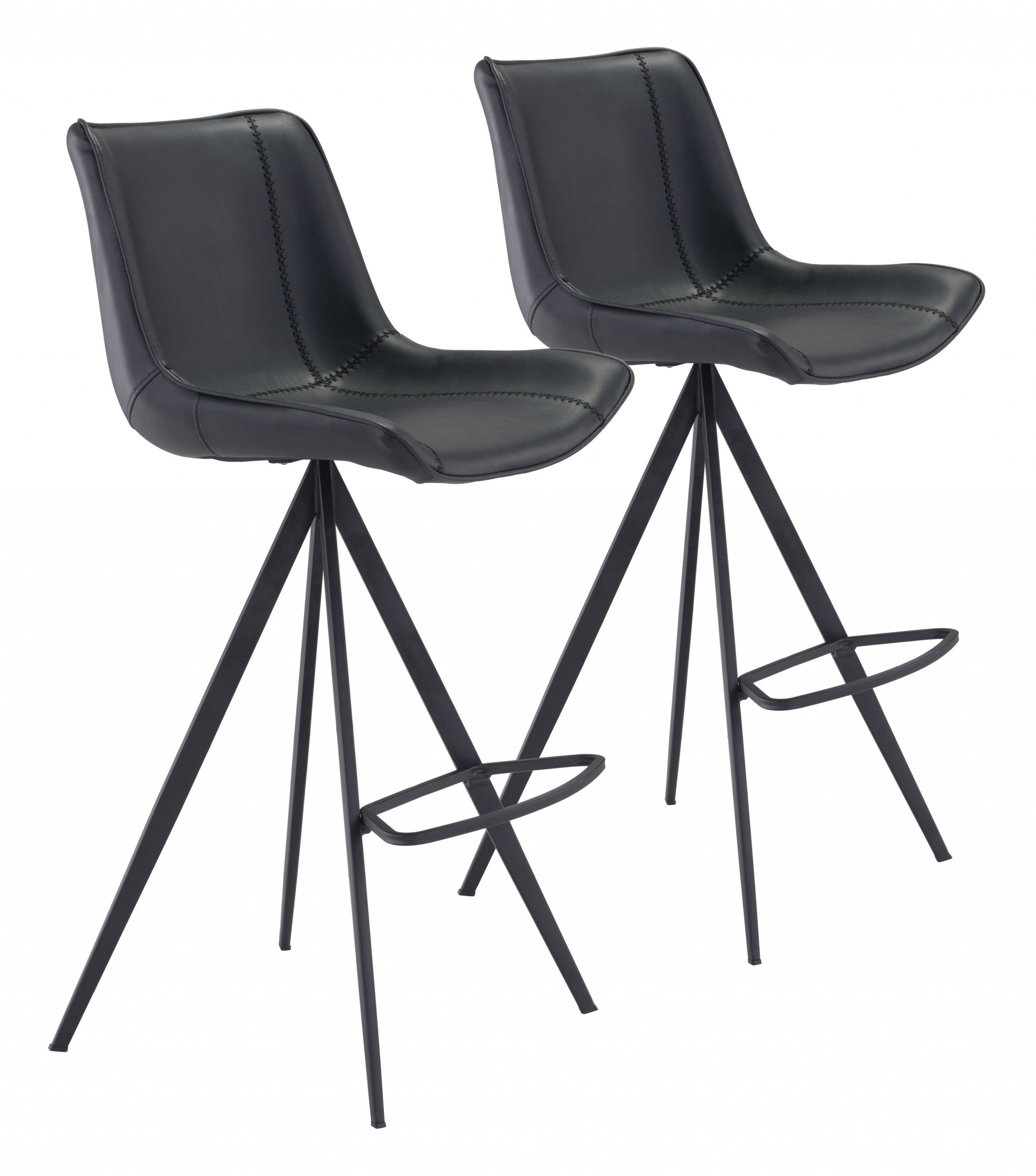 Set of Two Black on Black Faux Leather Triangle Base Bar Chairs