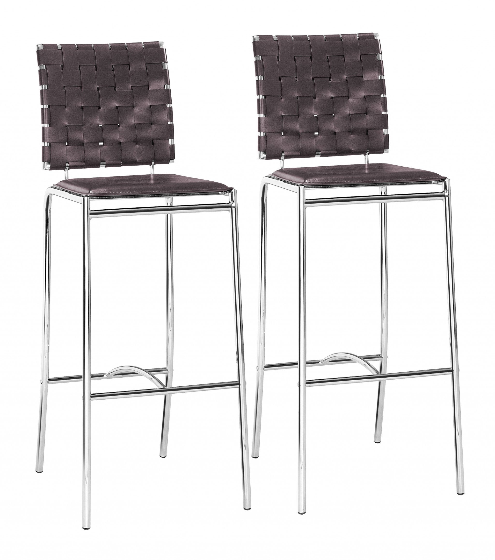 Set of Two Brown Faux Leather and Steel Modern Basket Weave Bar Chairs