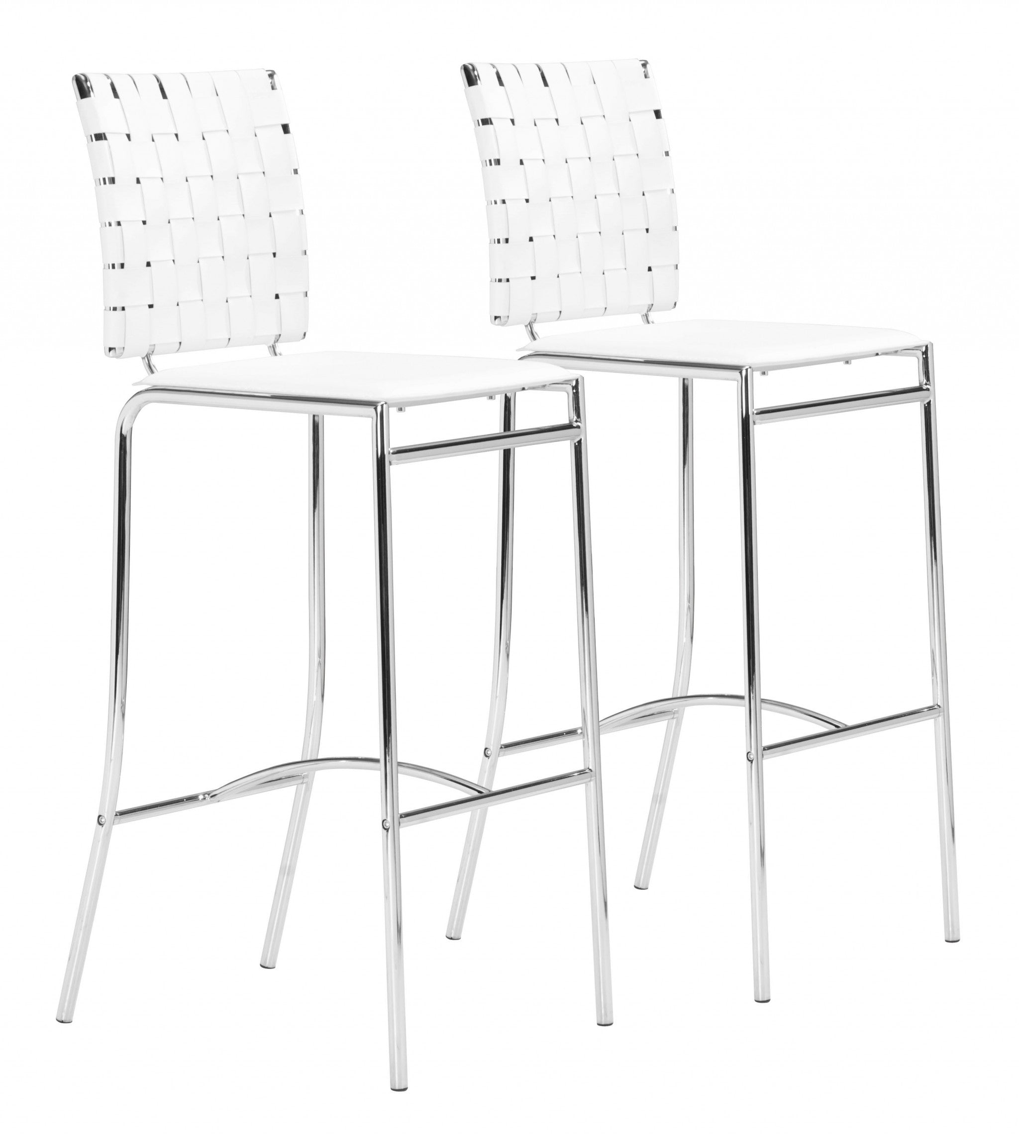 Set of Two White Faux Leather and Steel Modern Basket Weave Bar Chairs