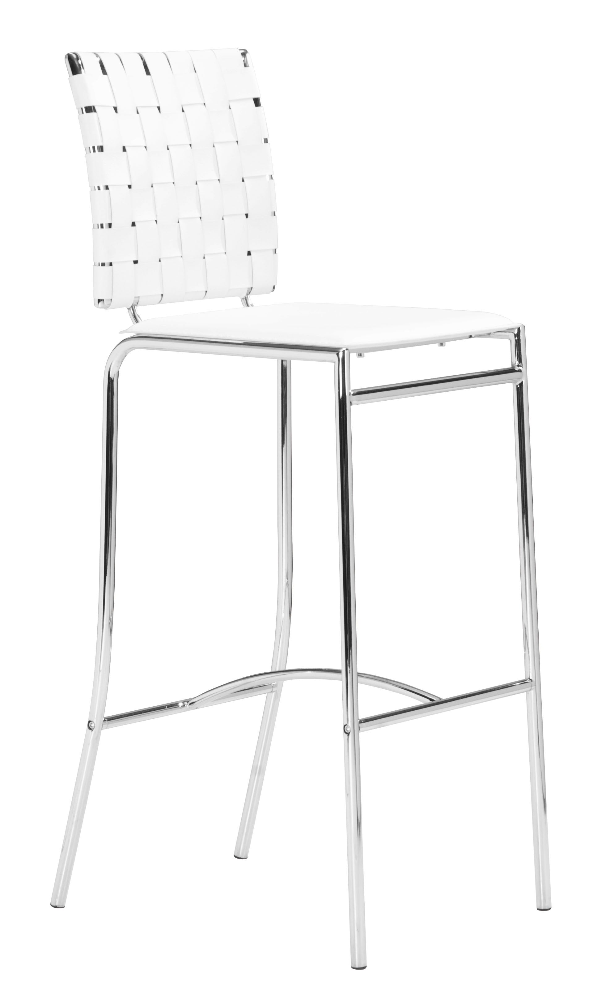 Set of Two White Faux Leather and Steel Modern Basket Weave Bar Chairs