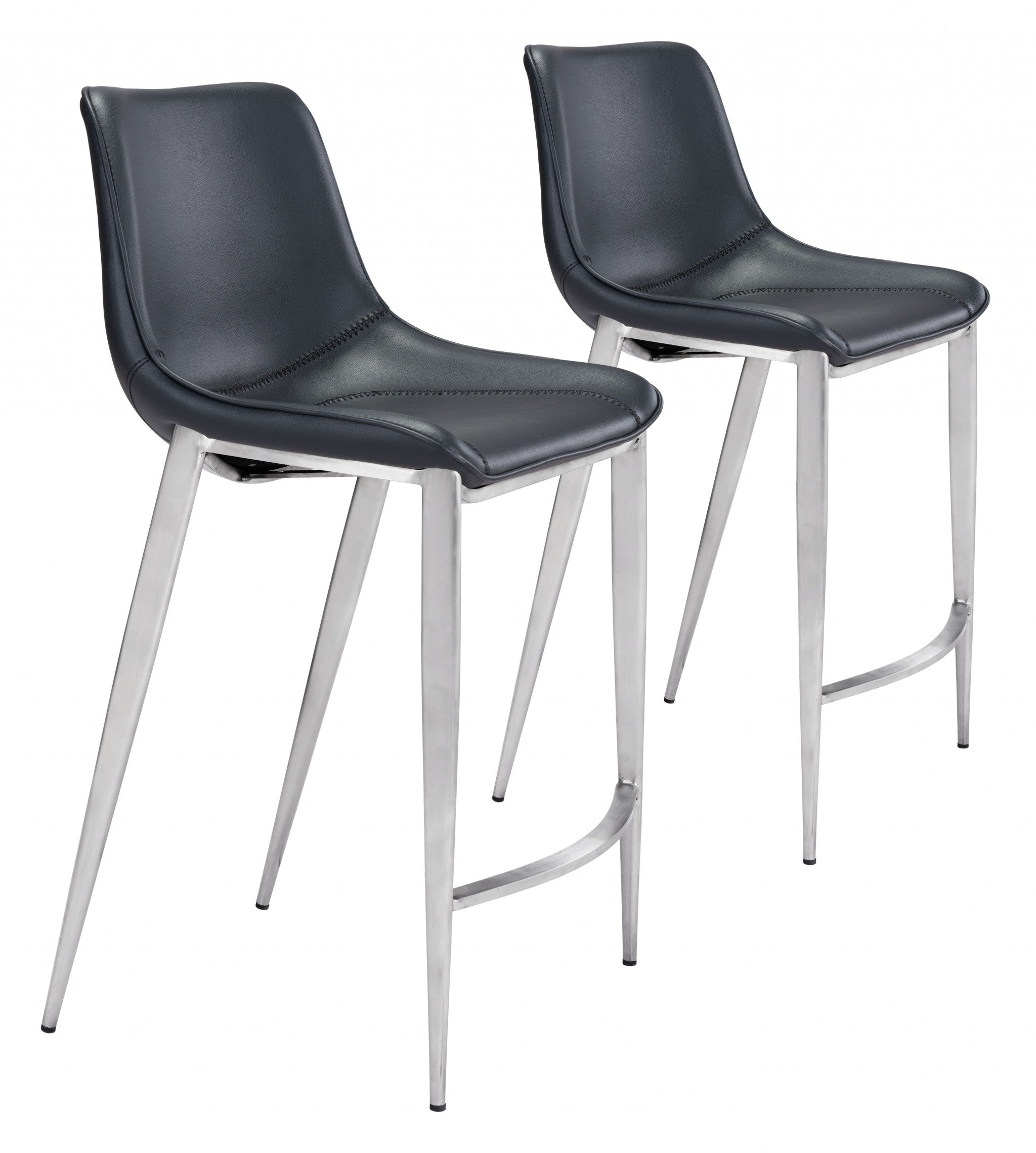 Set of Two Black Faux Leather and Steel Modern Stitch Bucket Counter Chairs