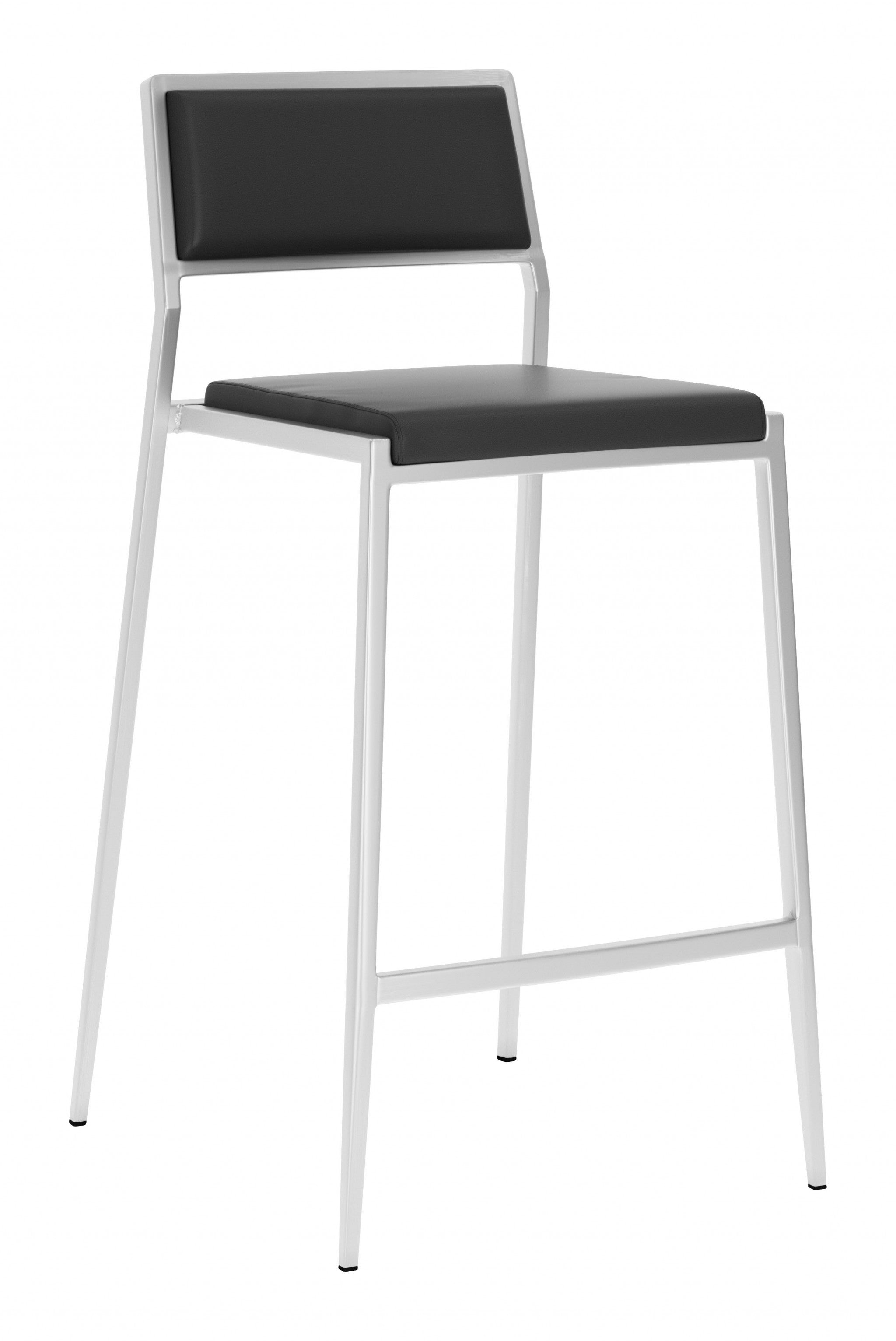 Set of Two Black Faux Leather and Stainless Low Back Counter Stools