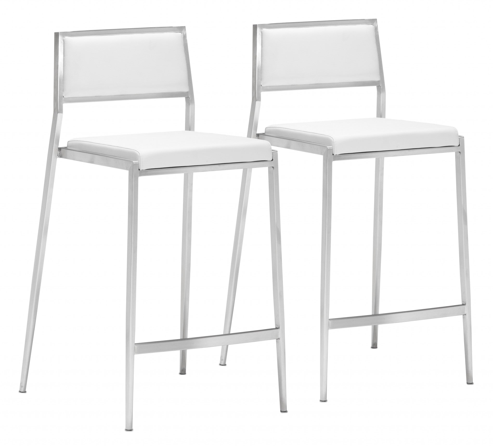 Set of Two White Faux Leather and Stainless Low Back Counter Stools