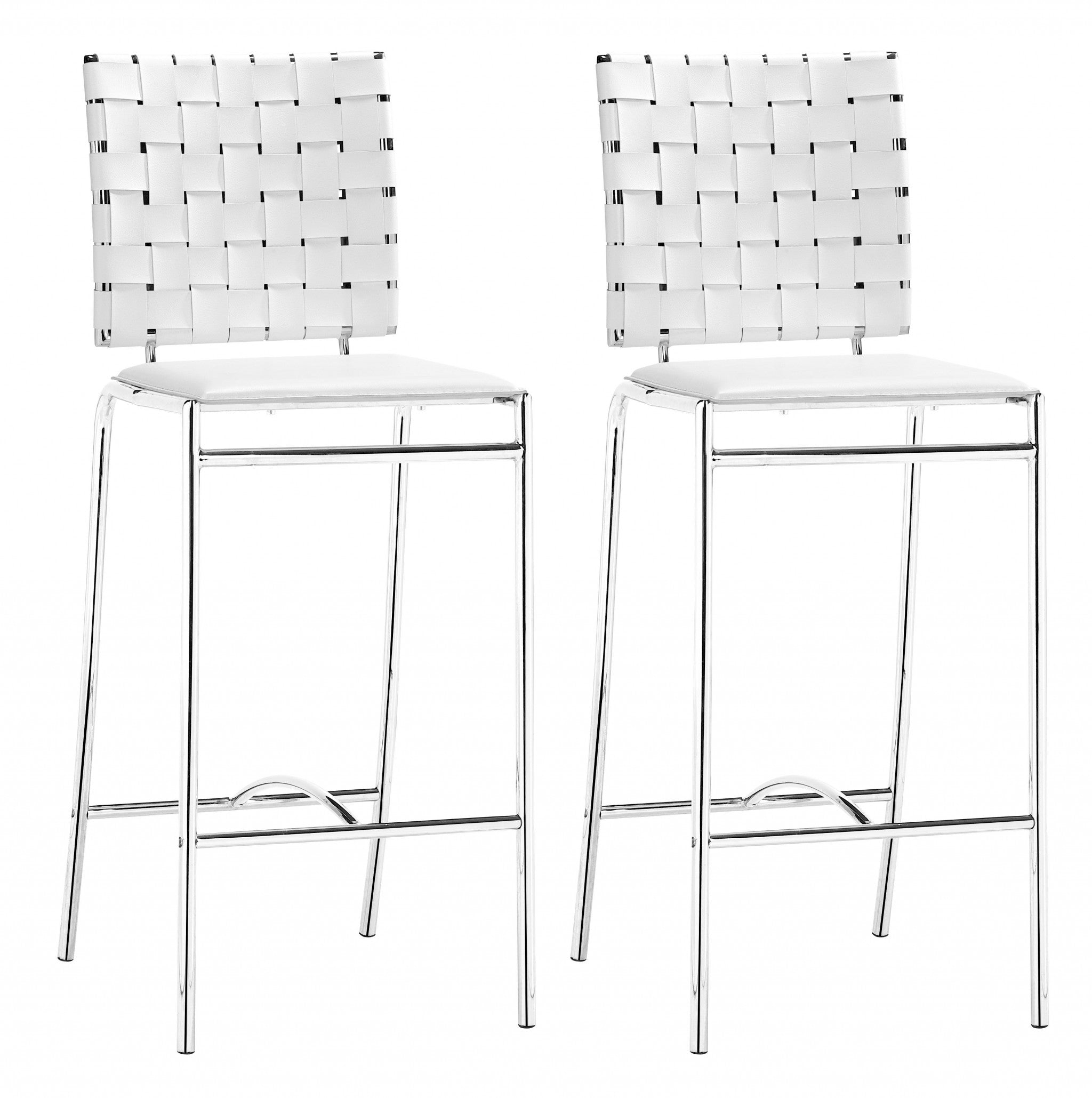 Set of Two White Faux Leather and Steel Modern Basket Weave Counter Height Chairs