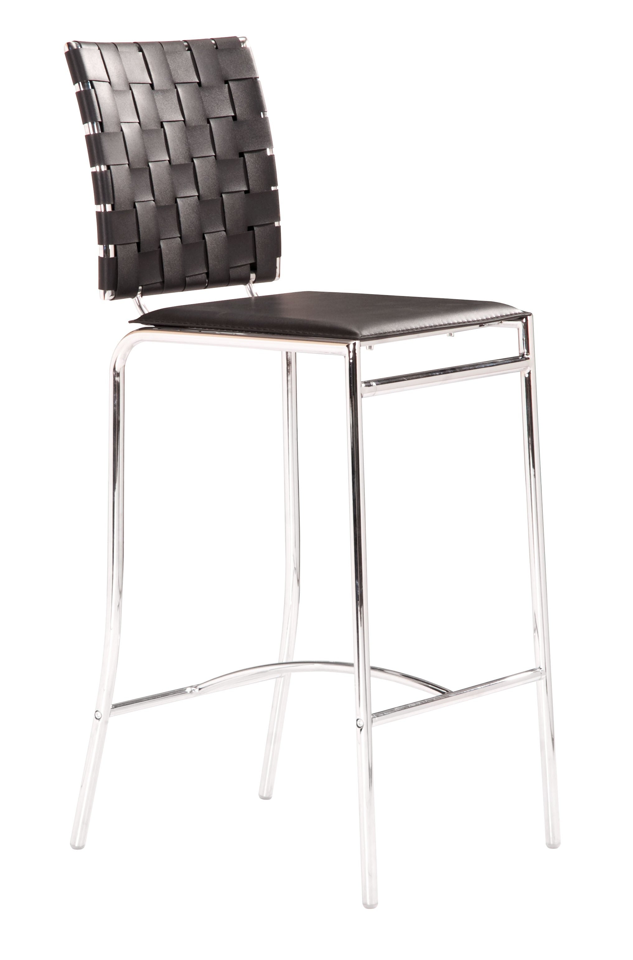 Set of Two Black Faux Leather and Steel Modern Basket Weave Counter Height Chairs