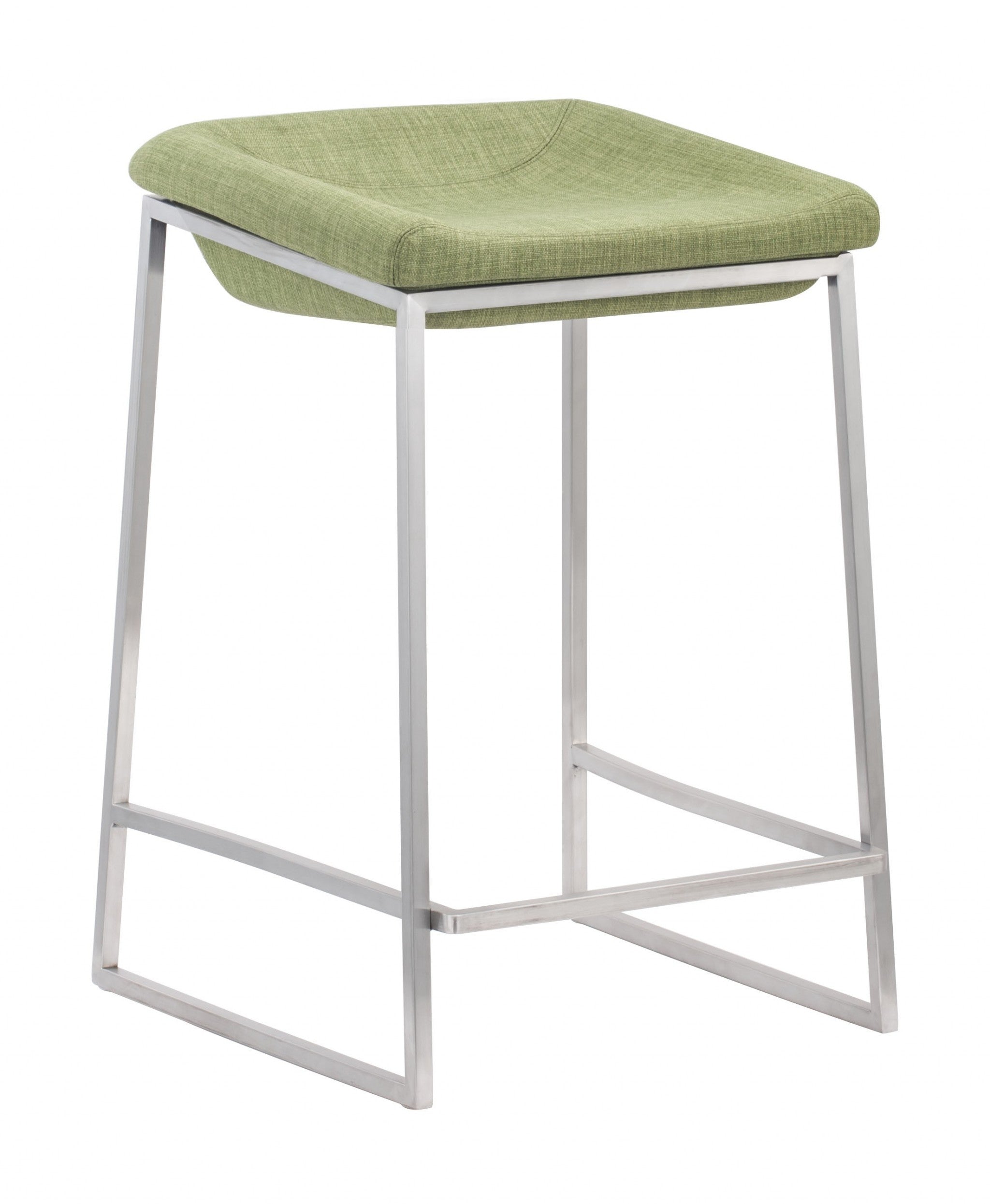 Set of Two Heathered Green and Stainless Indented Counter Stools