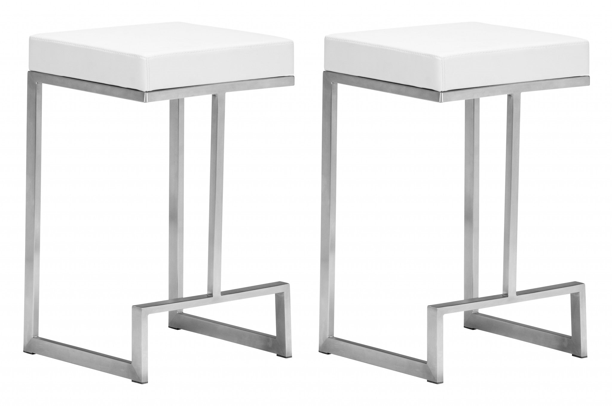 Set of Two White Faux Leather and Stainless Geometric Backless Counter Stools