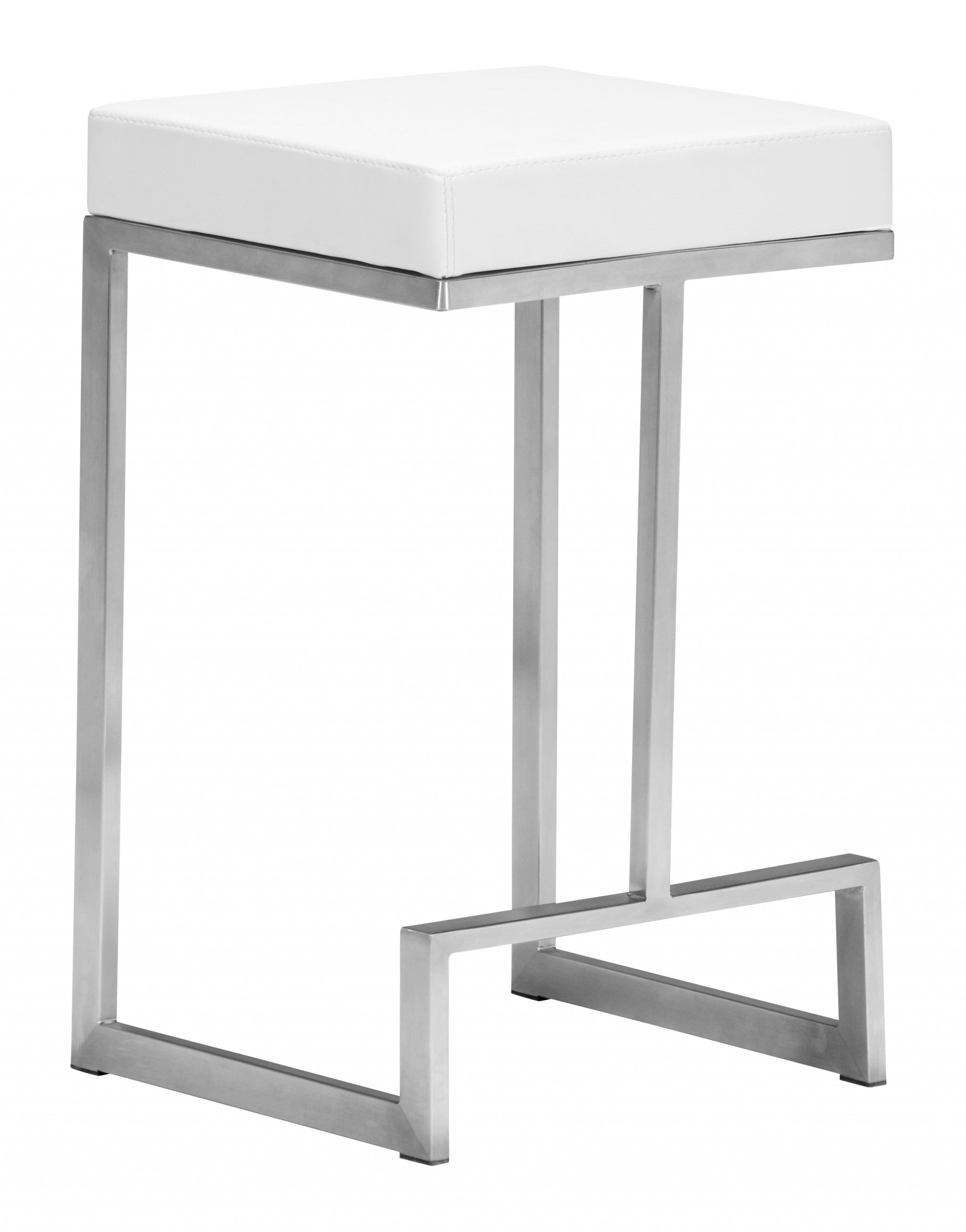 Set of Two White Faux Leather and Stainless Geometric Backless Counter Stools