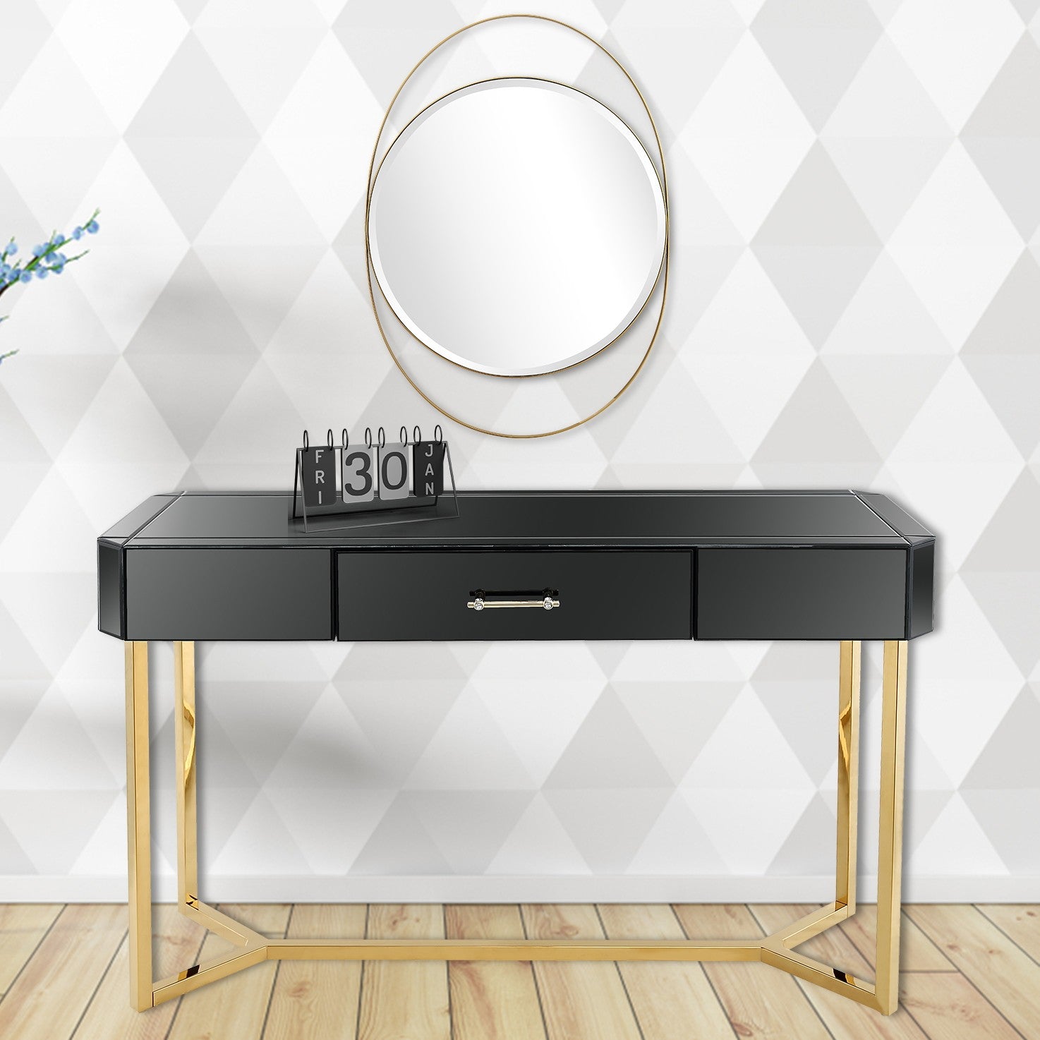 Black and Gold Mirror and Console Table