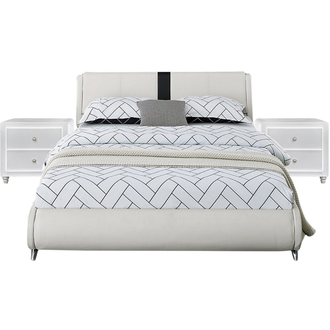 White Platform Queen Bed with Two Nightstands