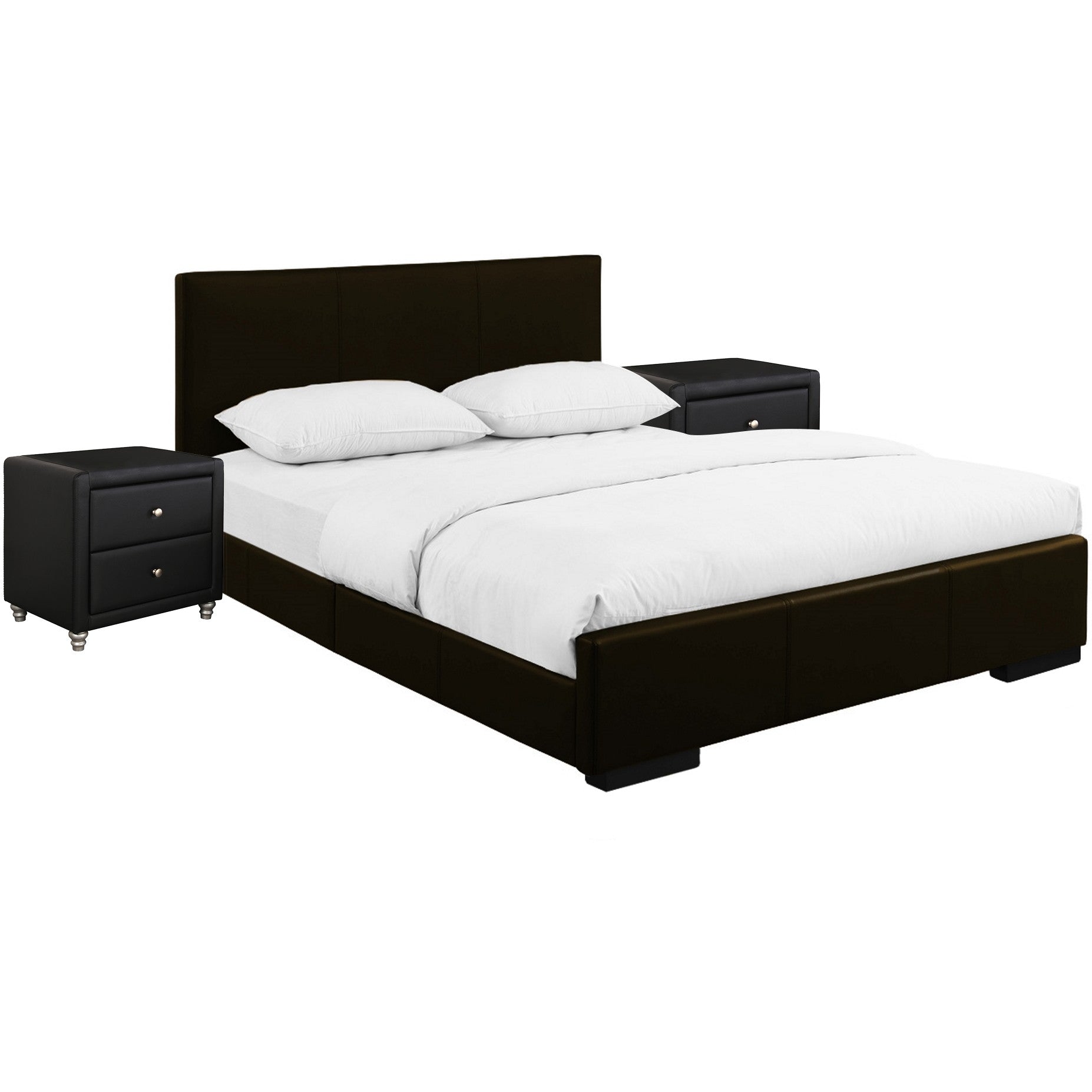 Brown Upholstered Platform Queen Bed with Two Nightstands