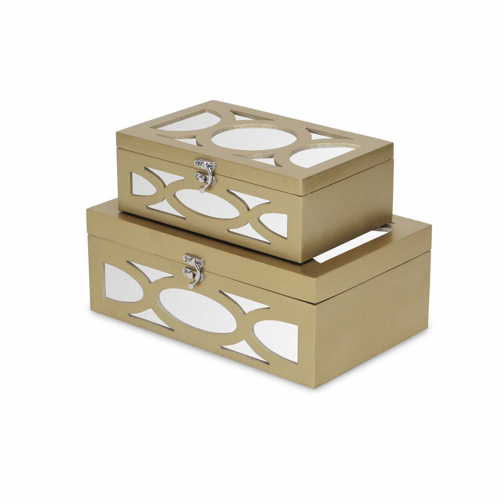 Set of Two Gold Oval Scroll Mirror Jewelry Storage Boxes