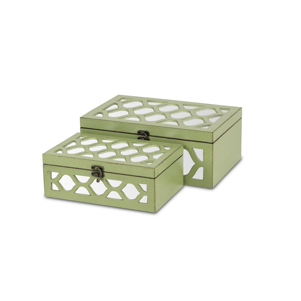 Set of Green Quatrefoil Mirror Jewelry Storage Boxes