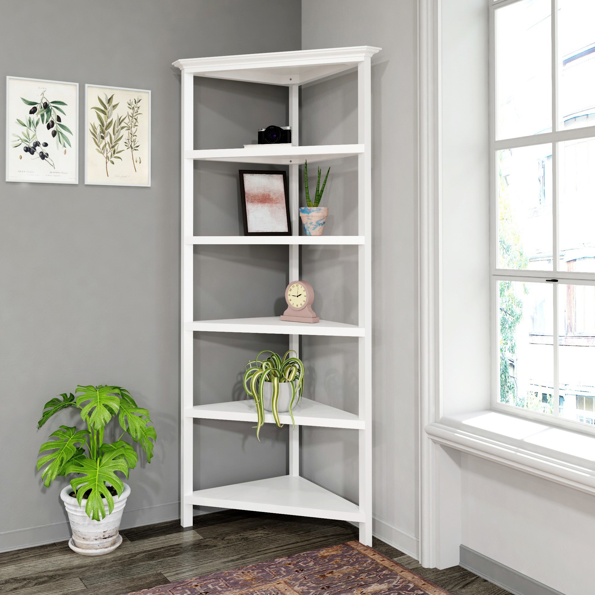 White Five Tier Solid Wood Corner Bookcase