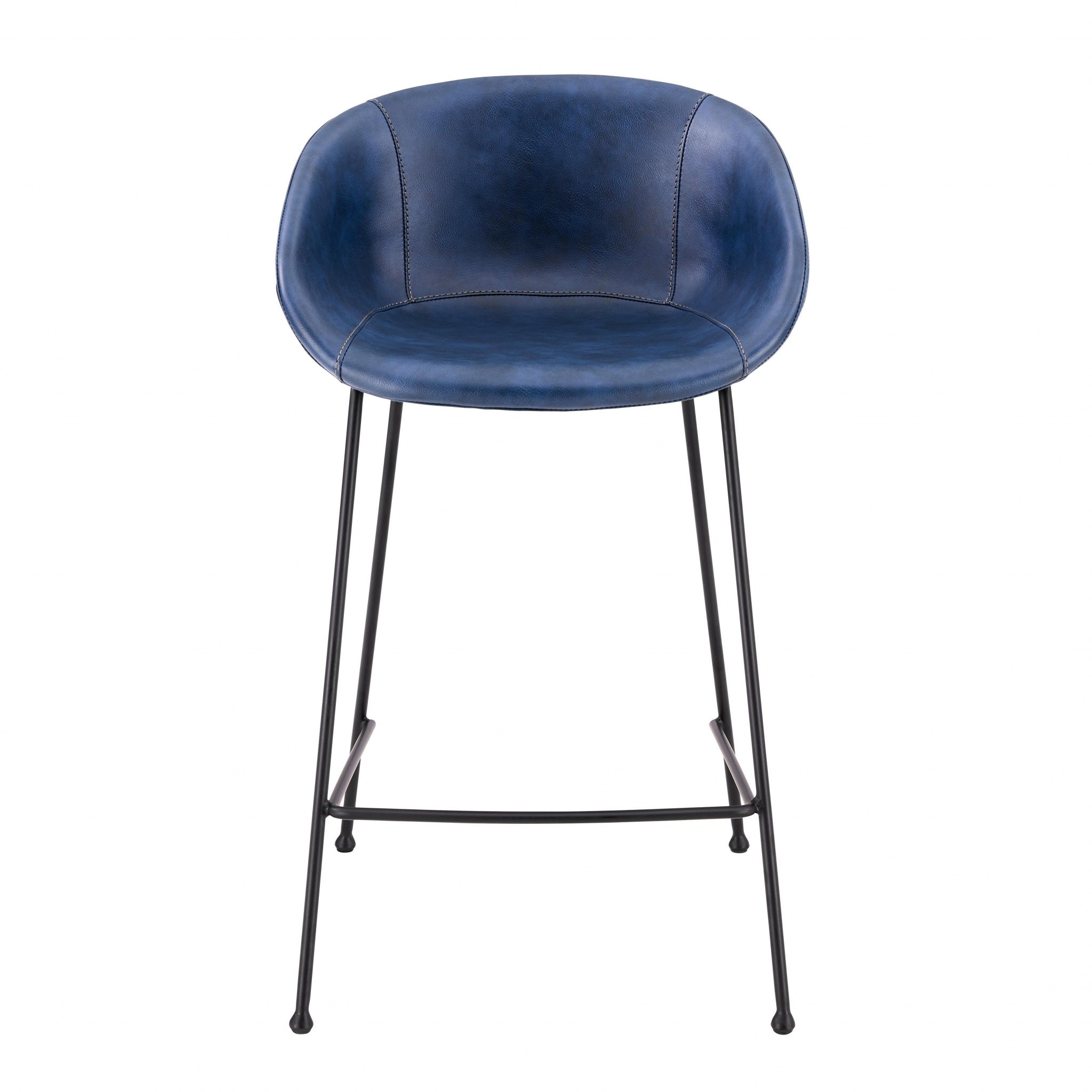 Set of Two Blue Faux Leather and Chrome Scoop Counter Stools