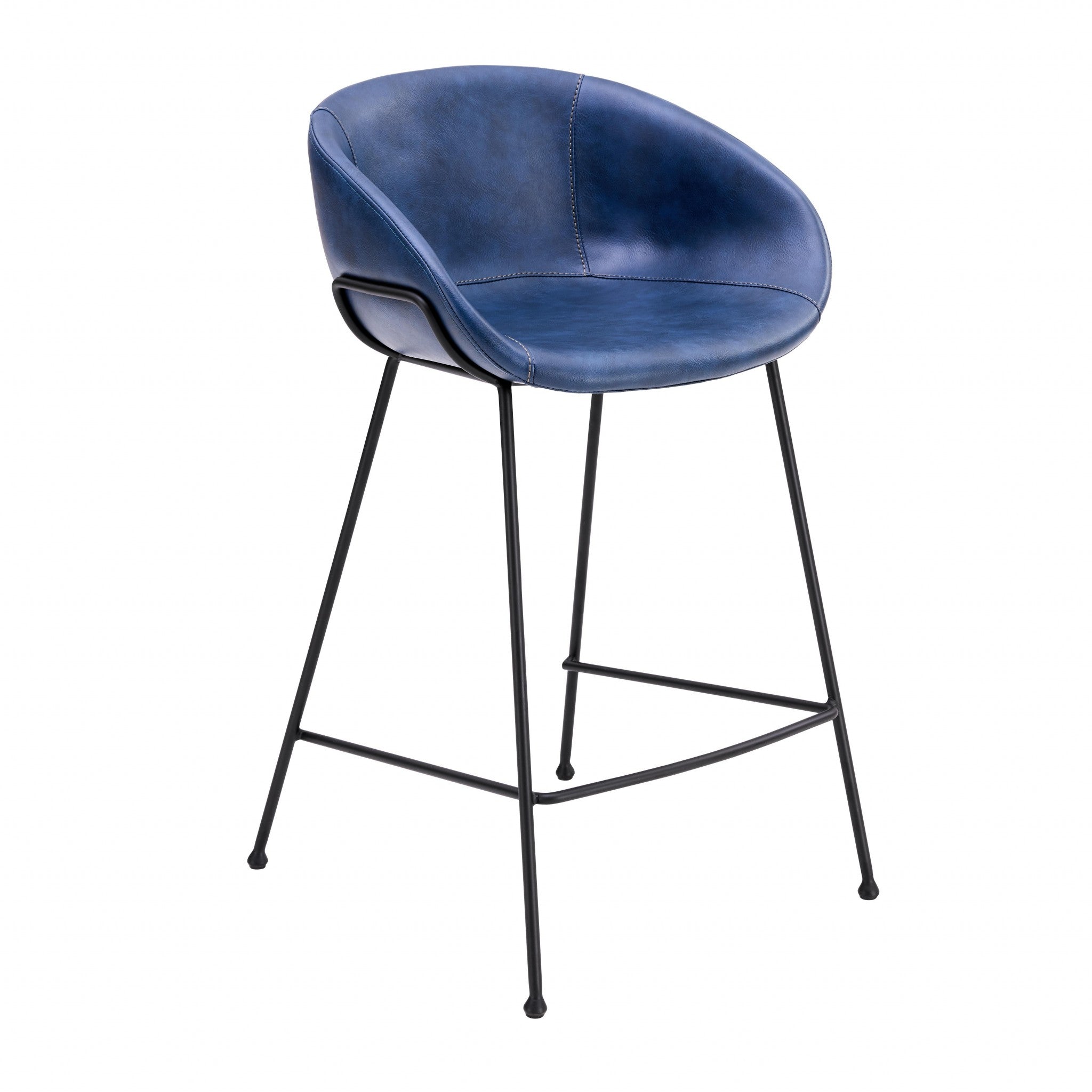 Set of Two Blue Faux Leather and Chrome Scoop Counter Stools