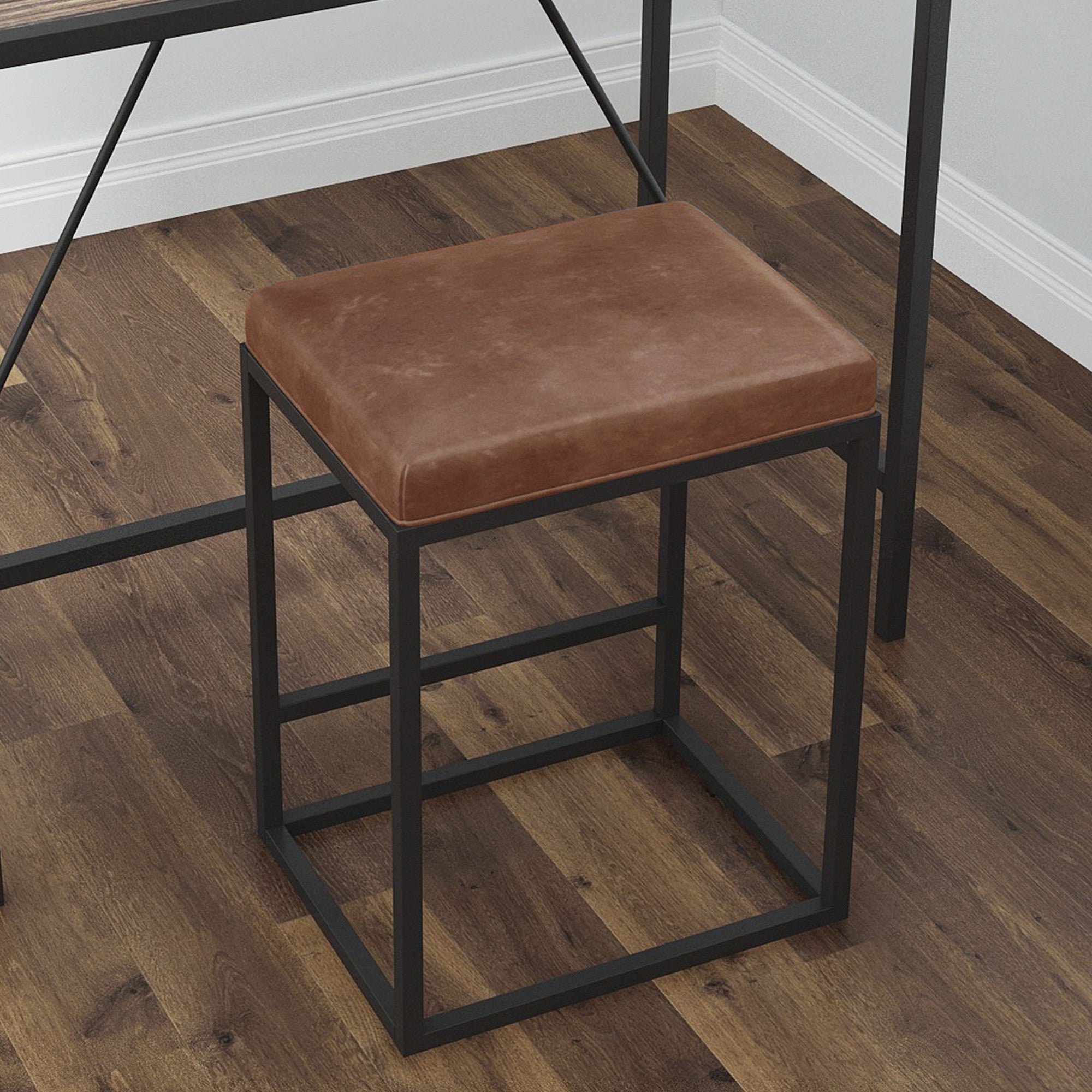 Set of Two Modern Geo Brown Leather Bar Stools