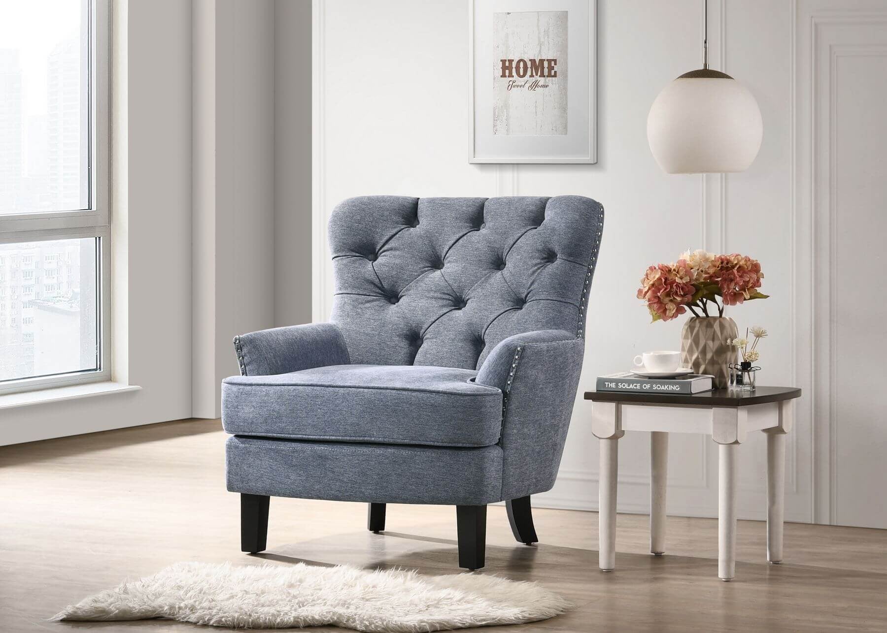 Feathered Blue Tufted Nailhead Trim Wing Chair