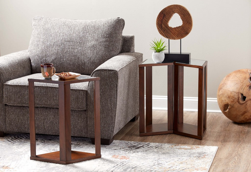 Set of Three Warm Brown Diamond Shape Modular Wood and Mirror End Tables