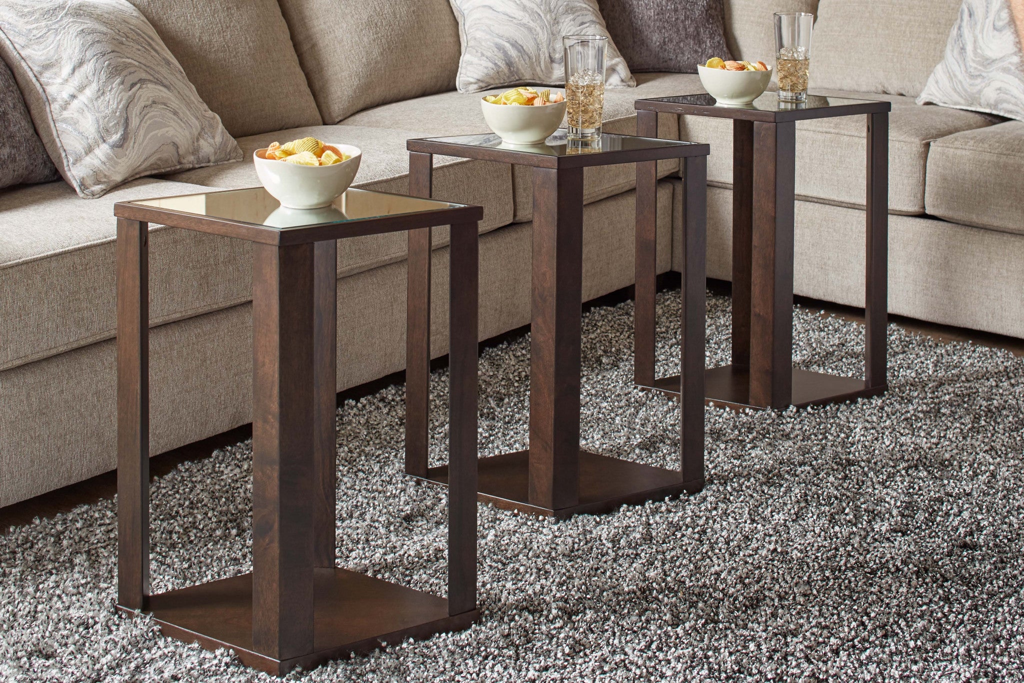 Set of Three Dark Brown Diamond Shape Modular Wood and Mirror End Tables