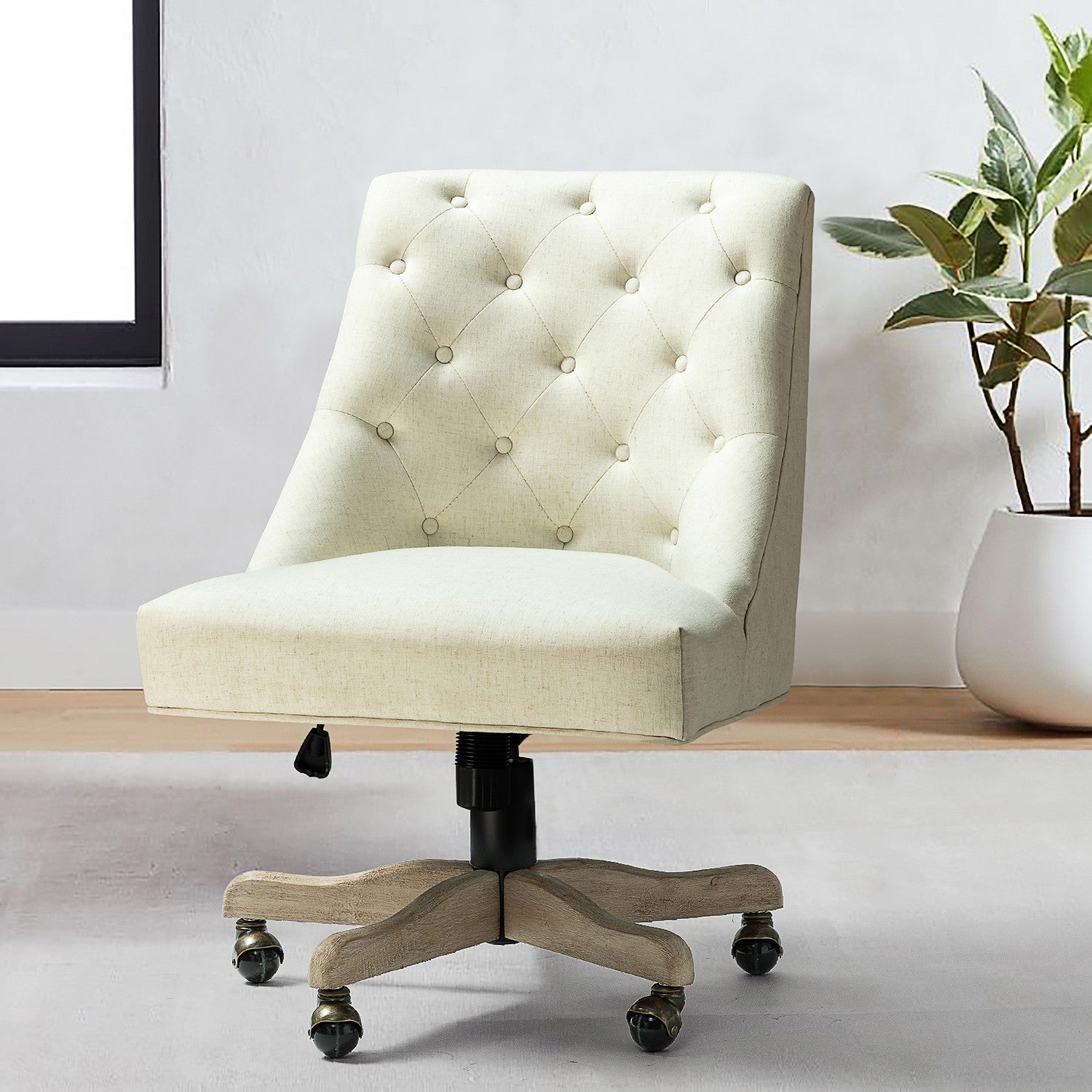 Ivory Tufted Back Linen Style Rolling Office Chair