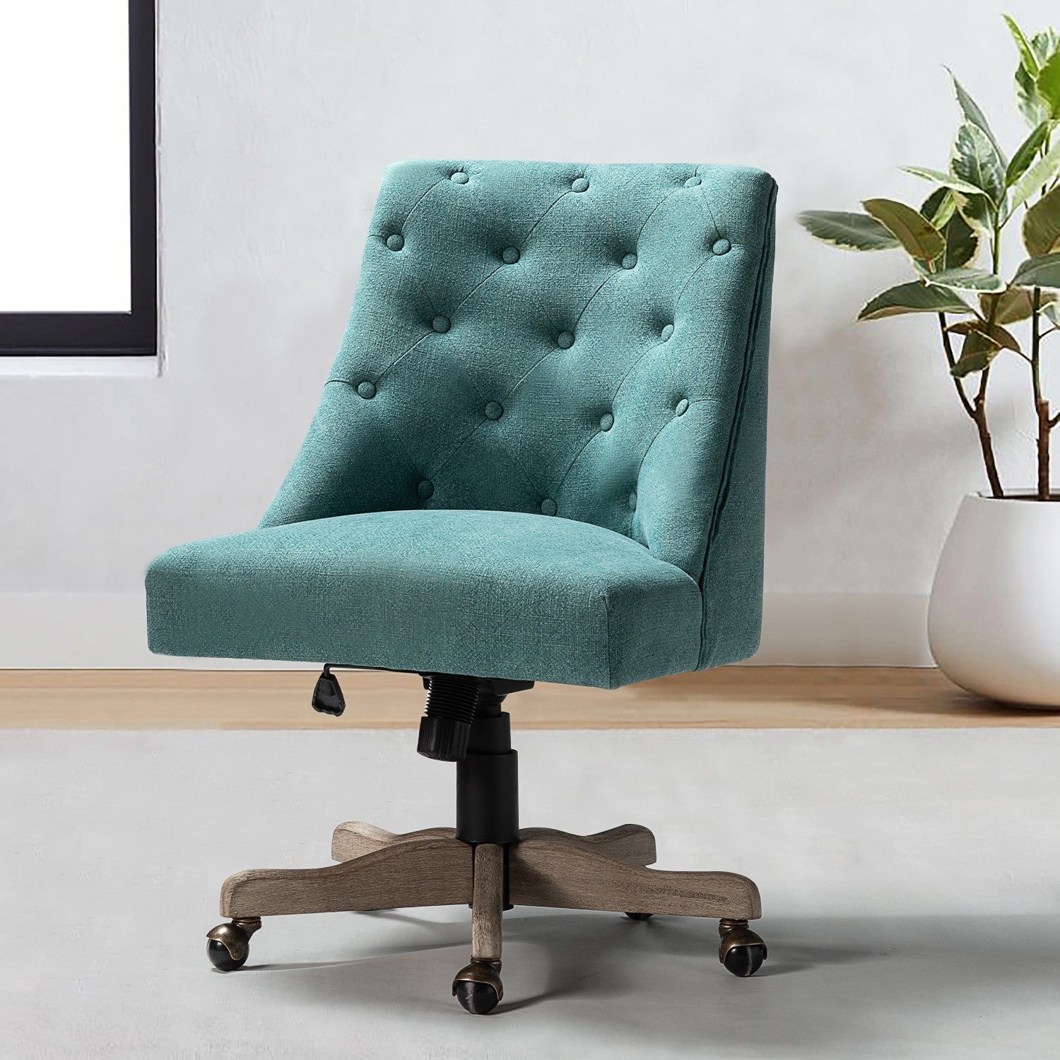 Aqua Teal Tufted Back Linen Style Rolling Office Chair