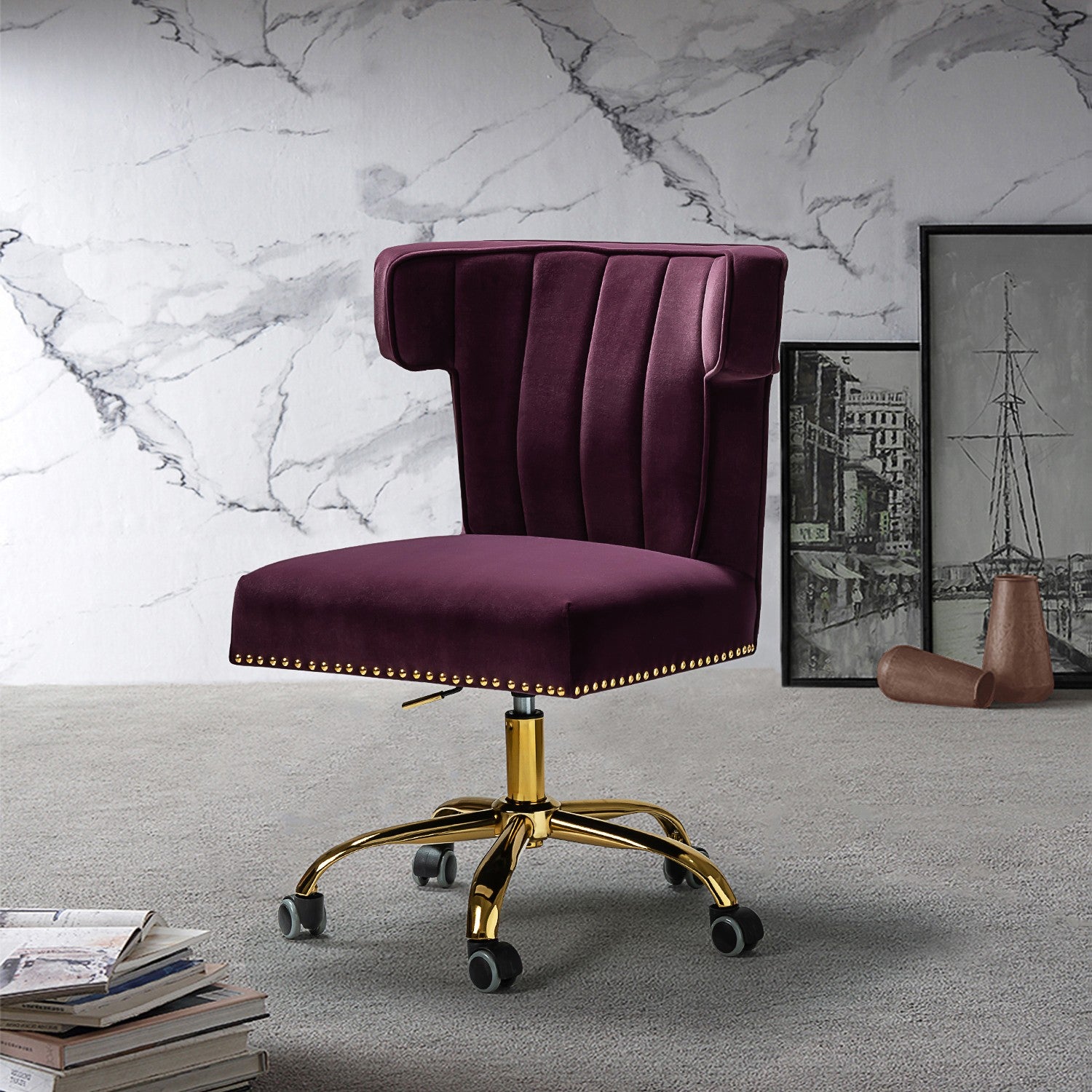 Contempo Eggplant Velvet Nailhead Office Chair