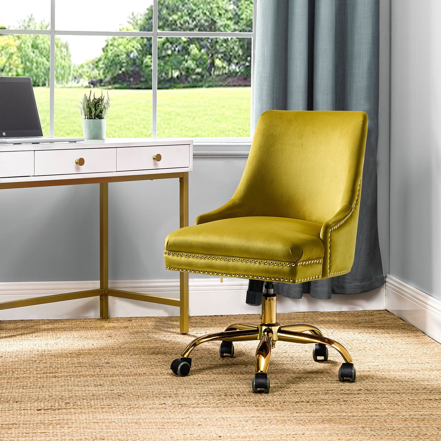 Handsome Mustard Nailhead Rolling Office Chair