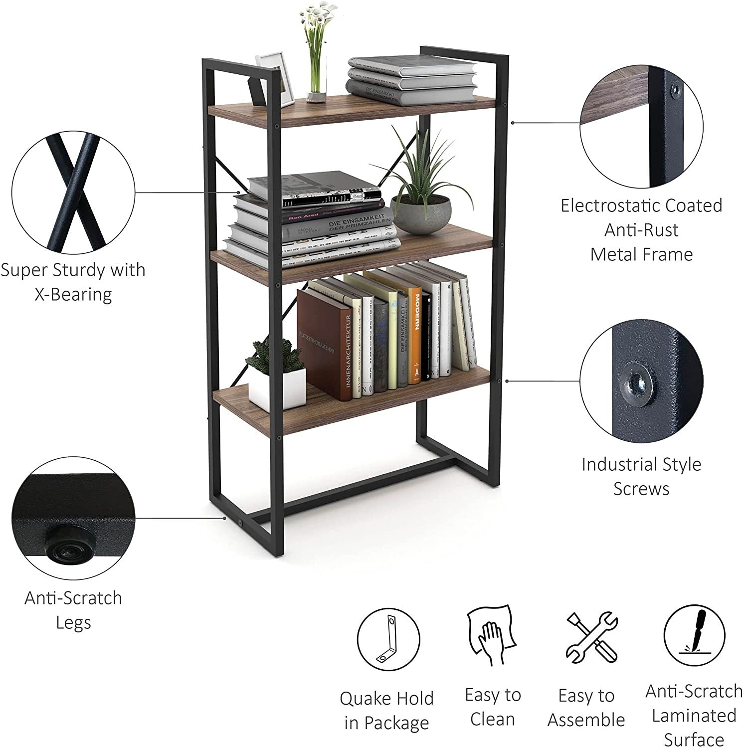 Mod Walnut and Black Three Tier Open Bookcase