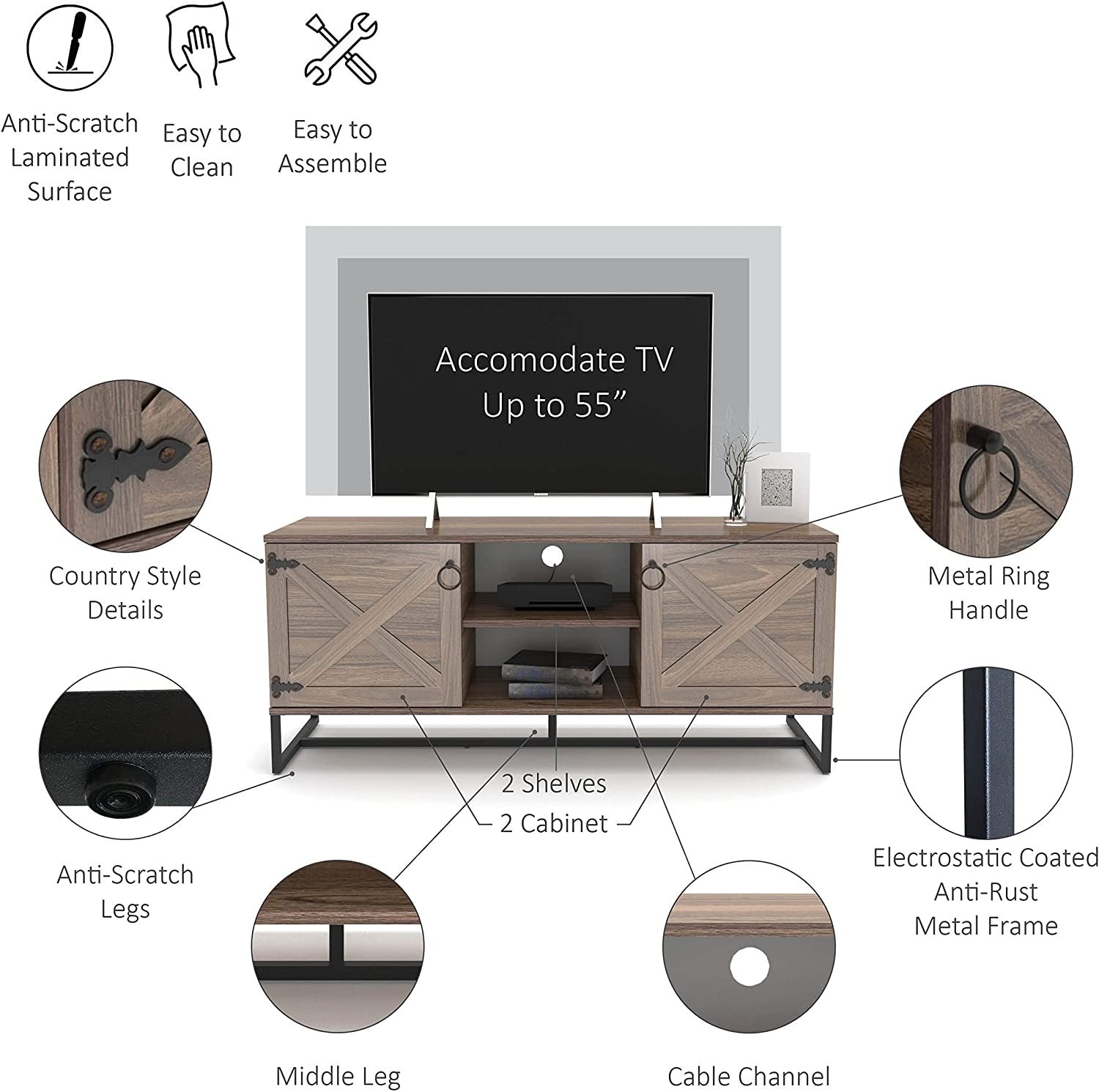 Modern Farm Style Wood Grain and Black TV Media Stand