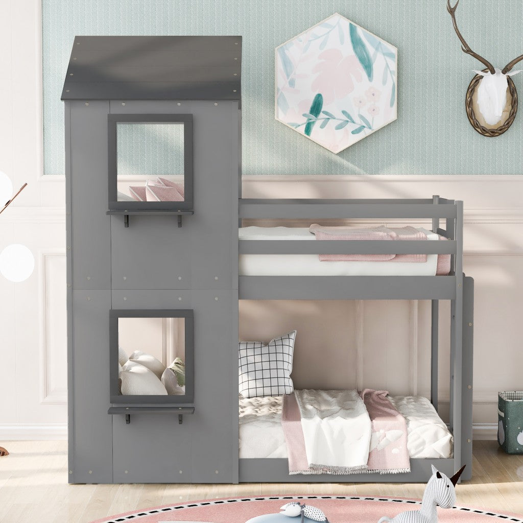 Gray Twin Over Twin House Bunk Bed with Windows and Roof