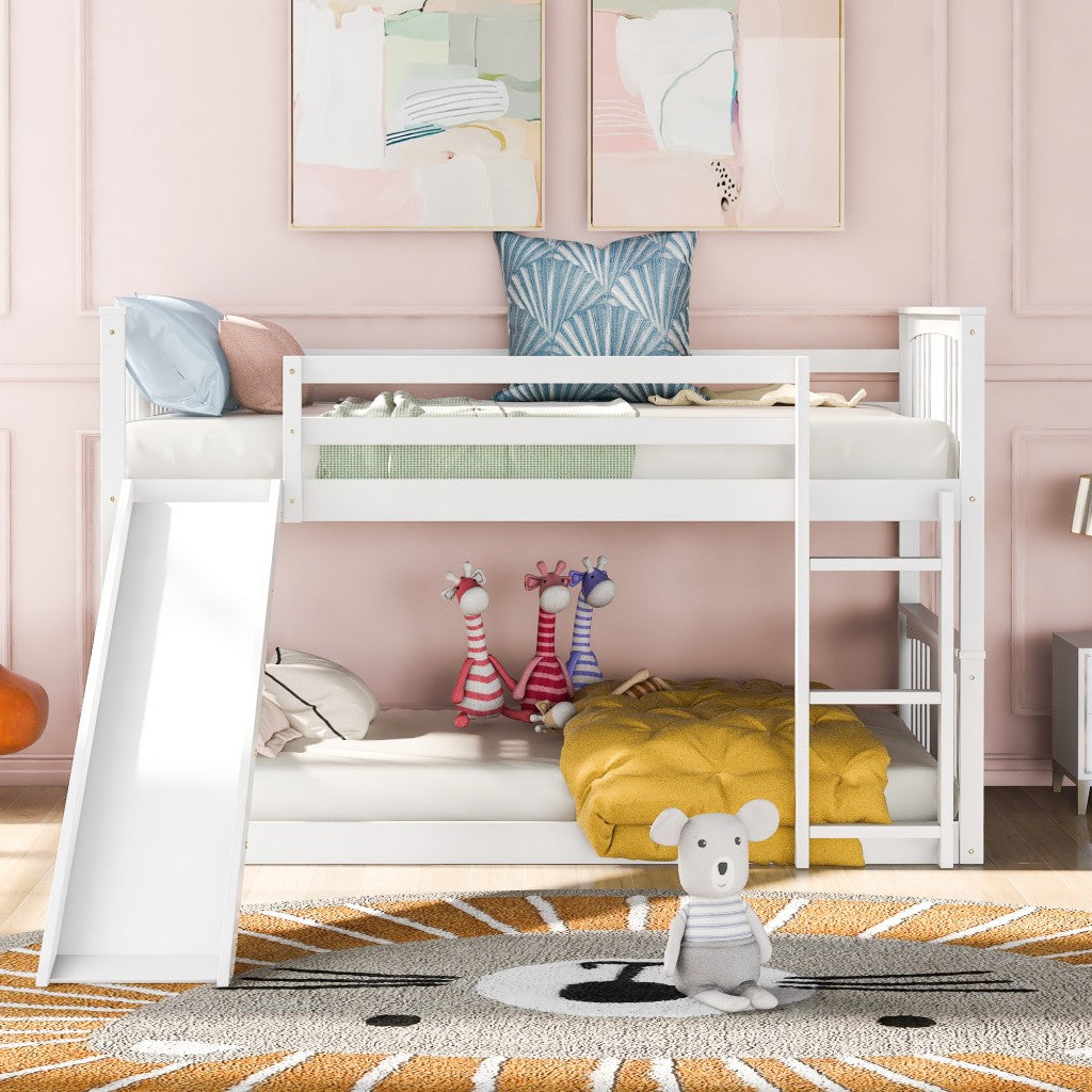 White Classic Twin Over Twin Bunk Bed with Ladder and Slide