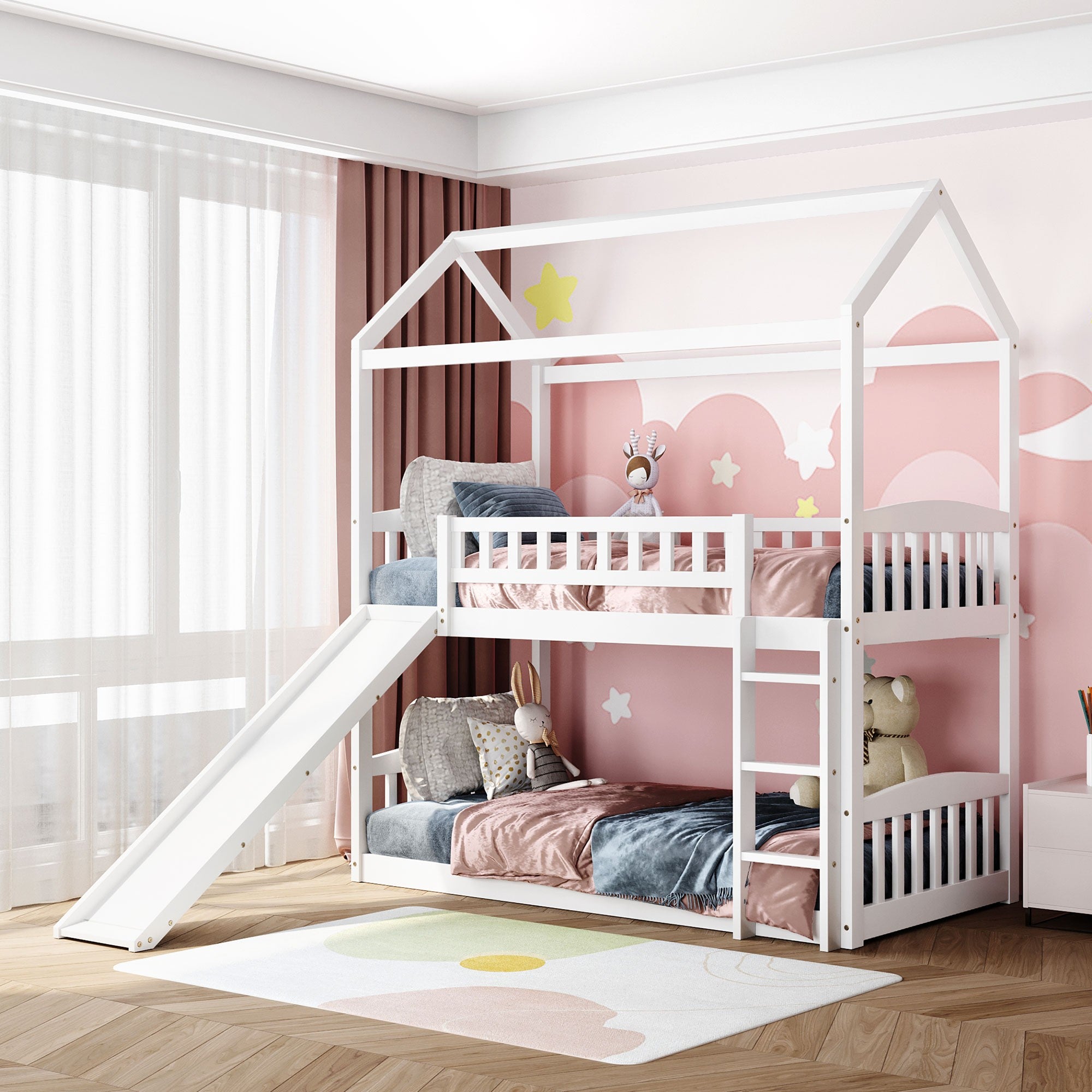 White Playhouse Frame Full Over Full Bunk Bed with Slide