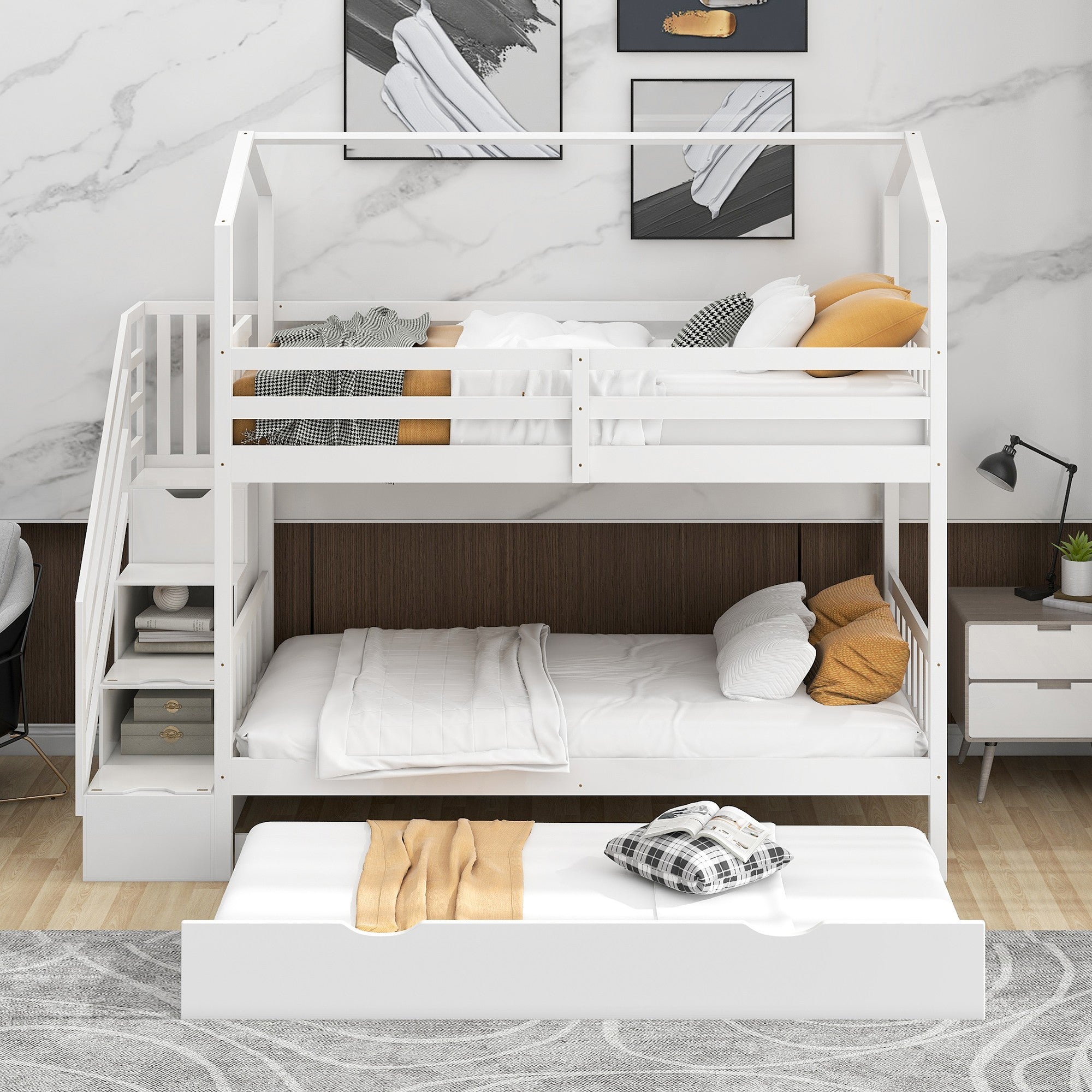 White Twin Over Twin Playhouse Bunk Bed with Trundle and Staircase