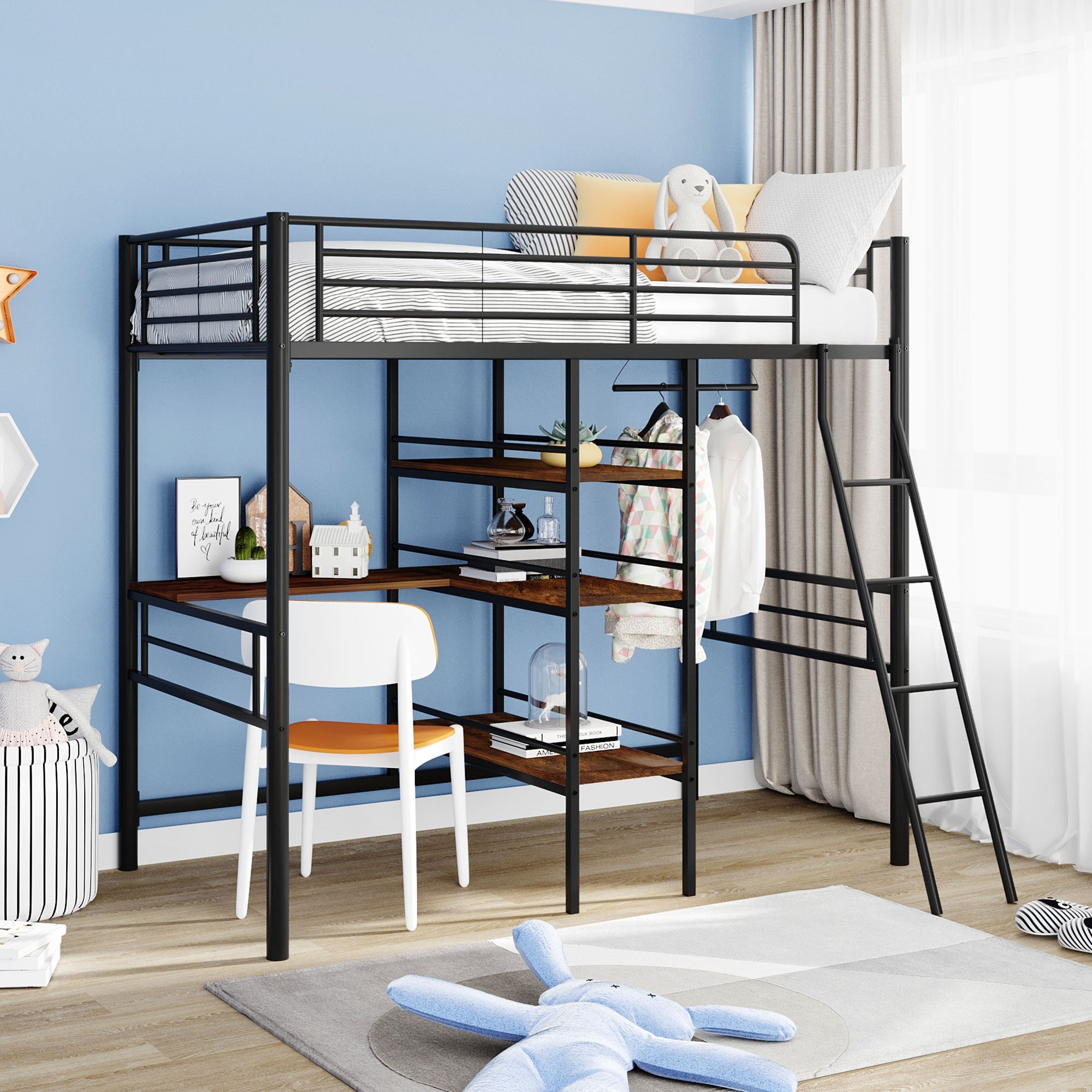 Black Twin Size Metal Loft Bed with Built in Wooden Shelves and Desk