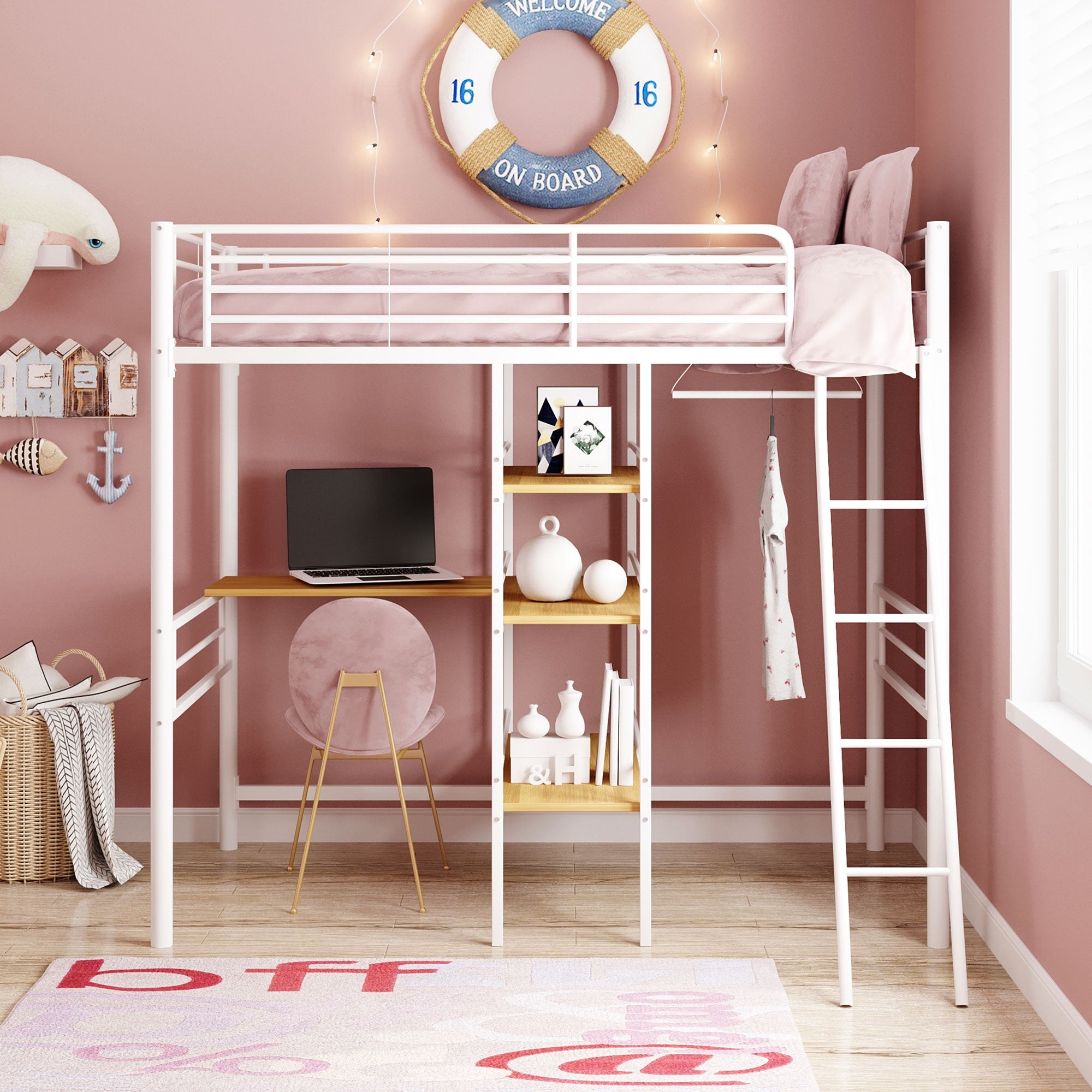 White Twin Size Metal Loft Bed with Built in Wooden Shelves and Desk