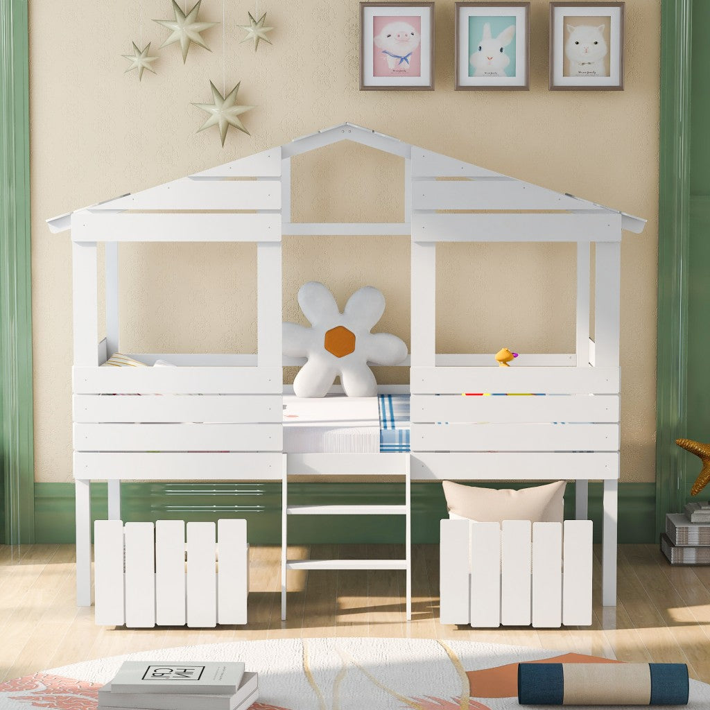 White Twin Size Loft Bed with Play House Roof and Two Drawers