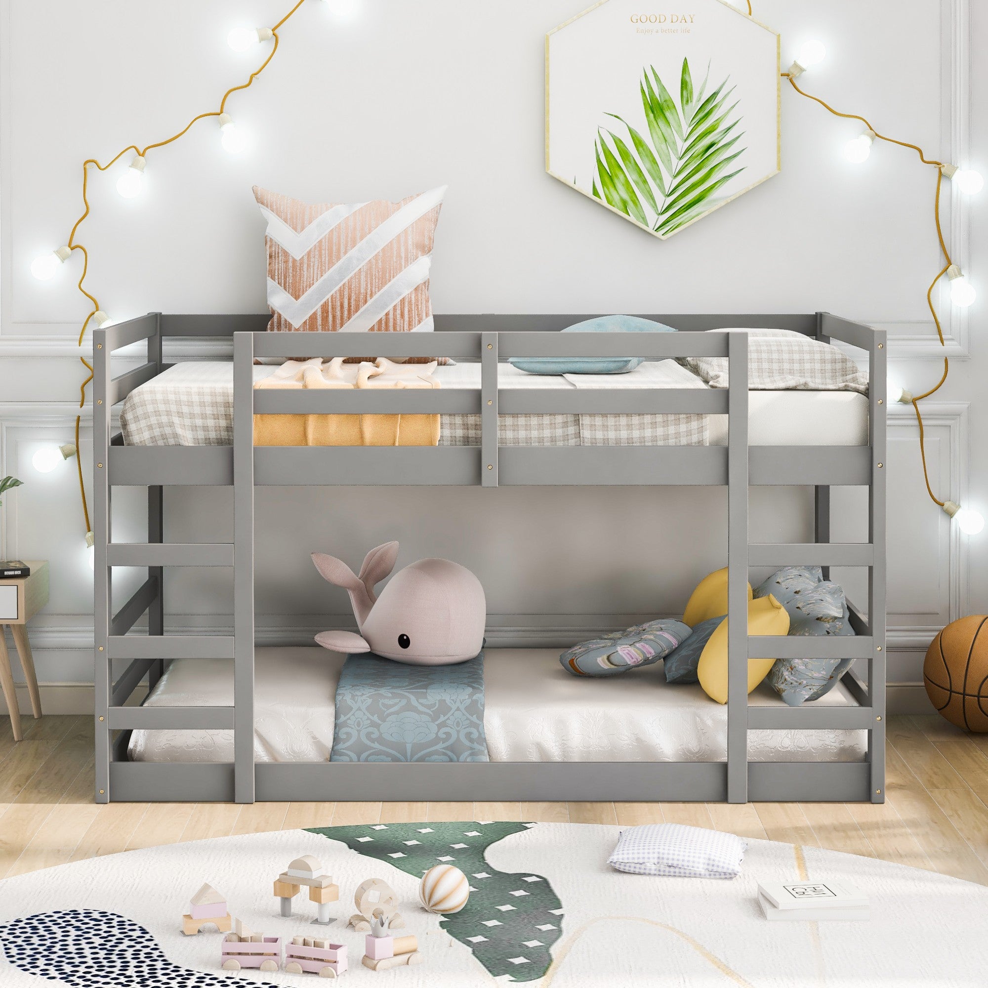 Pastel Gray Twin Over Twin Dual Ladder Bunk Bed