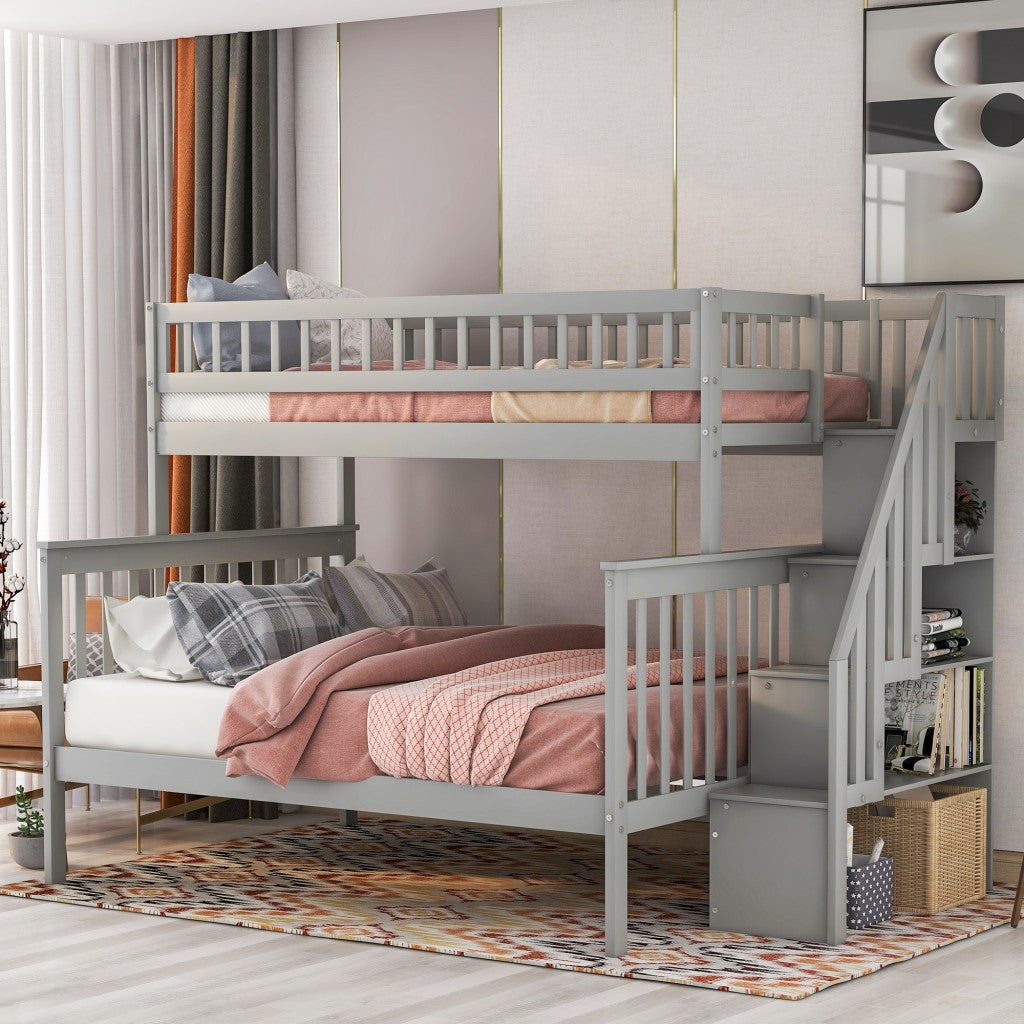 Gray Twin Over Full Farmhouse Style Bunk Bed with Staircase