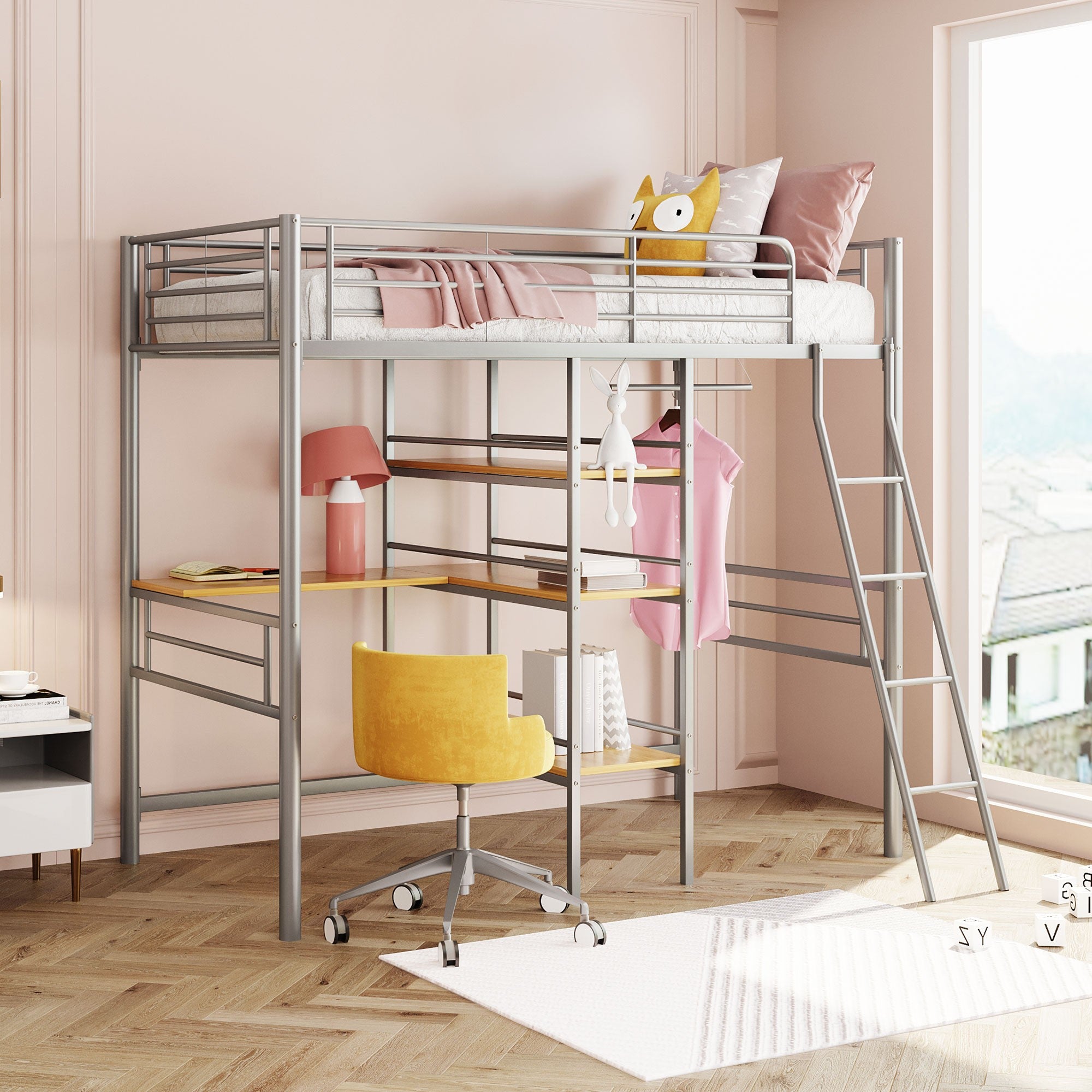 Silver Twin Size Metal Loft Bed with Built in Wooden Shelves and Desk