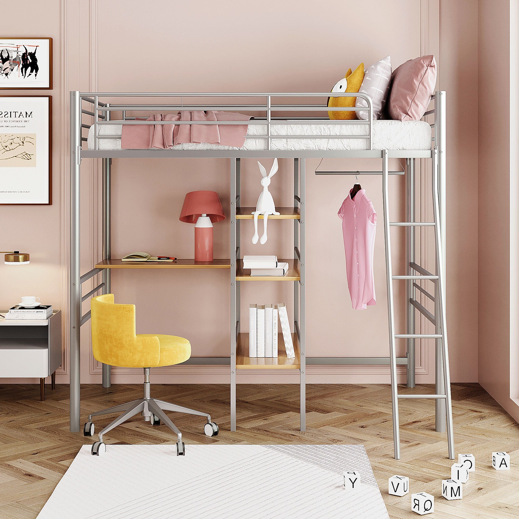 Silver Twin Size Metal Loft Bed with Built in Wooden Shelves and Desk