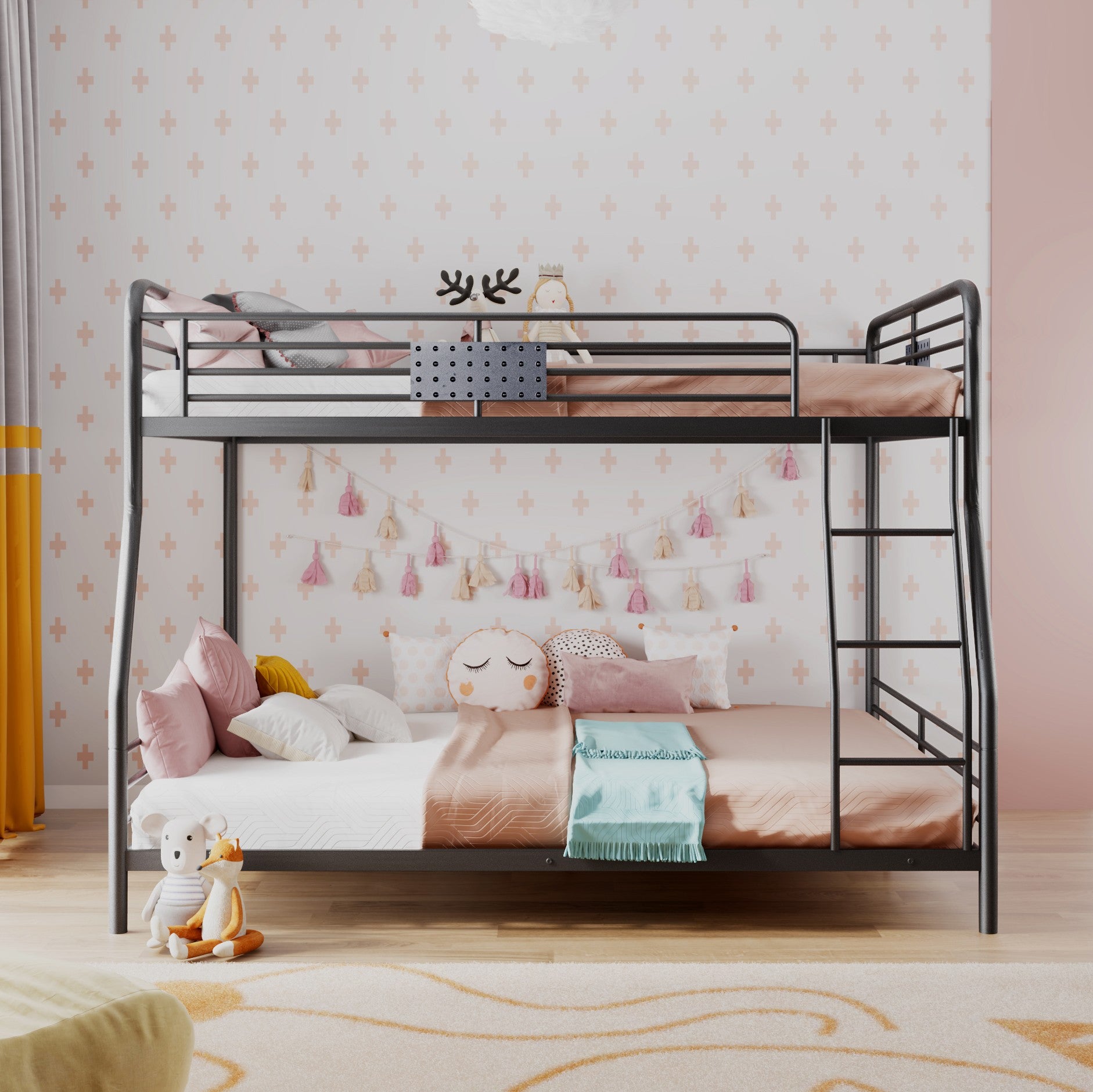 Black Full XL Over Queen Bunk Bed with Ladder