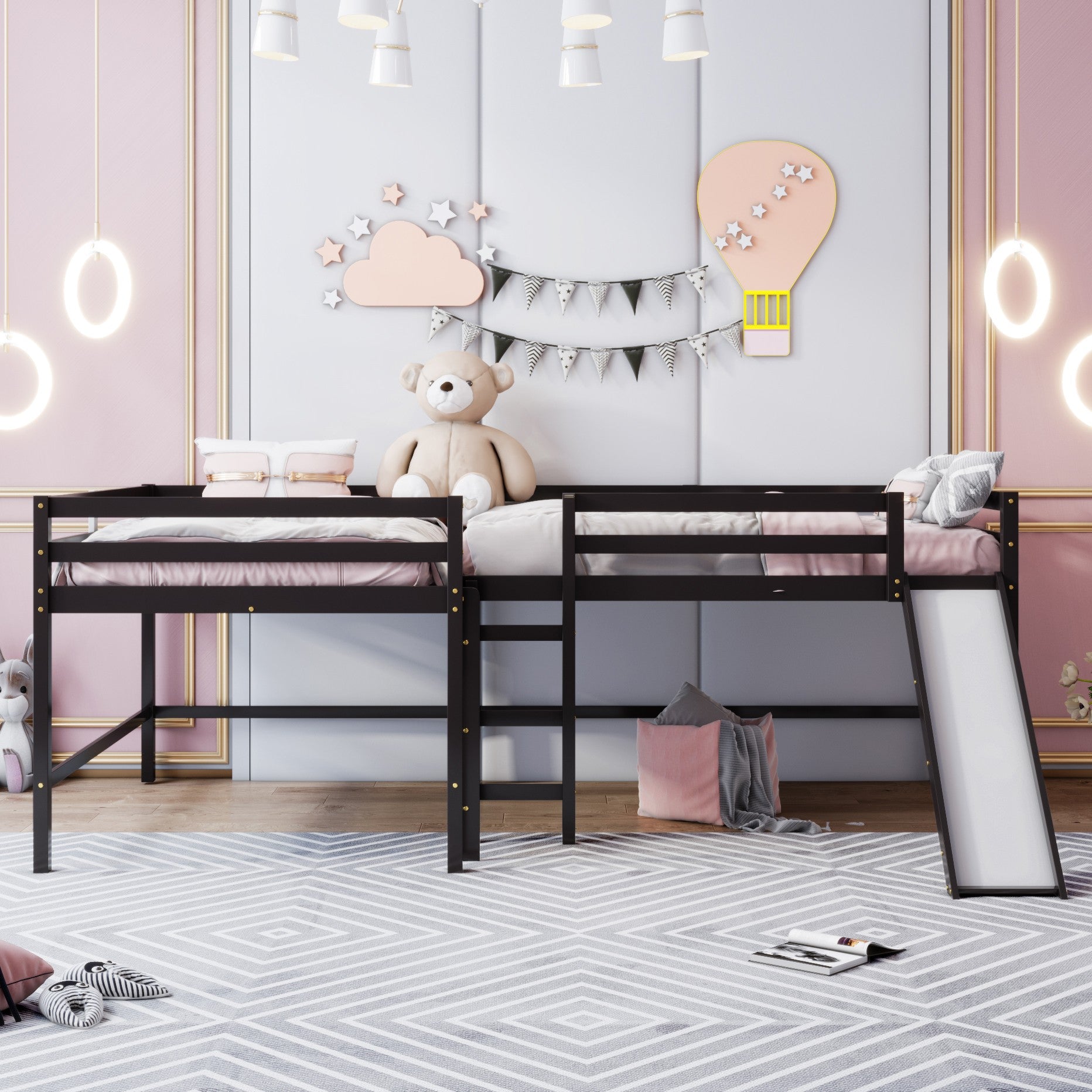 Espresso L Shaped Full Size Wooden Double Loft Bed with Slide and Ladders