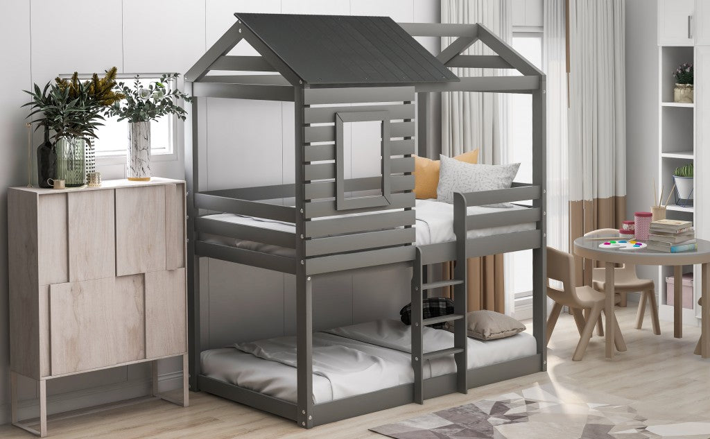 Gray Twin Over Twin Bunk Bed with Roof